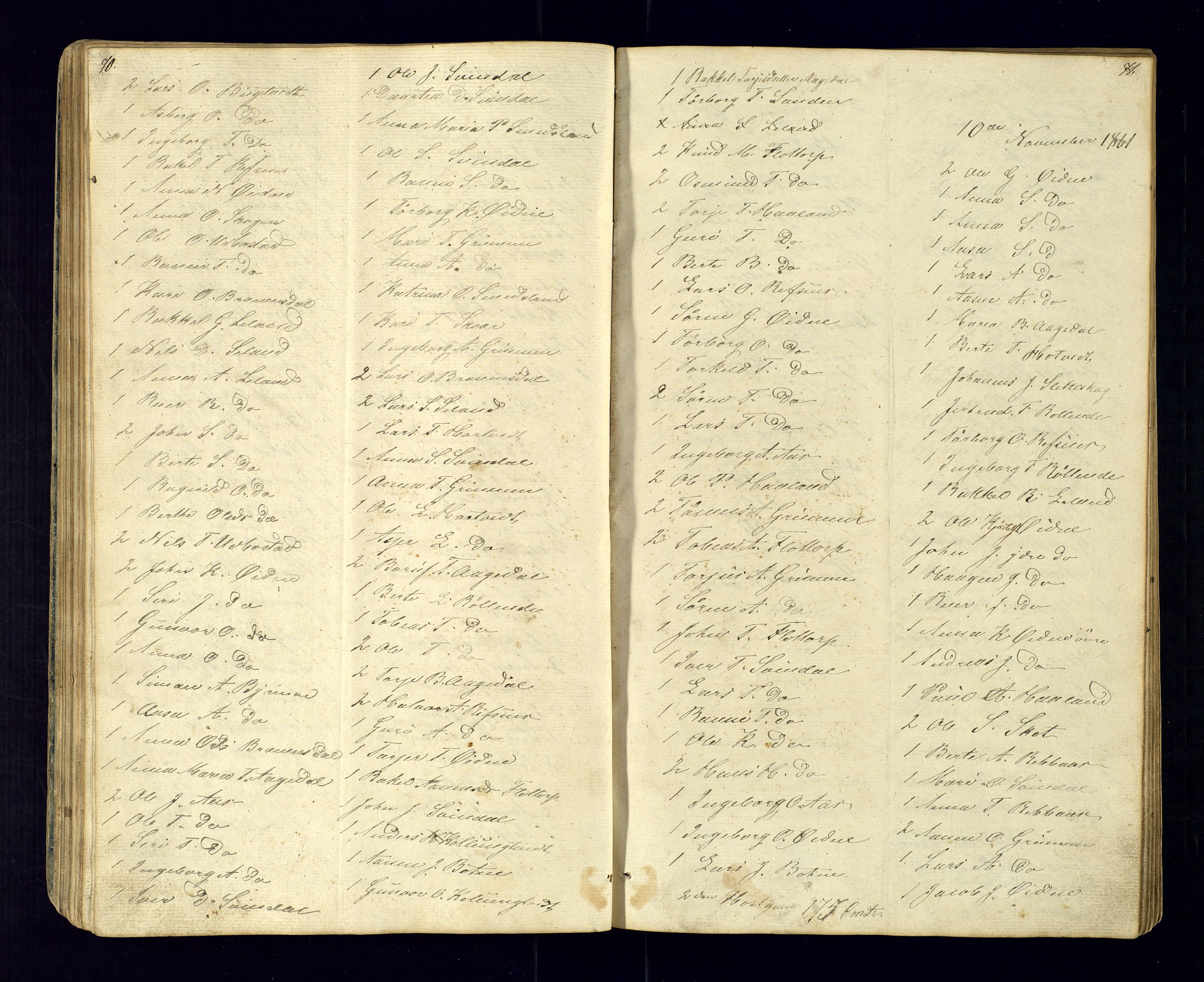 Bjelland sokneprestkontor, SAK/1111-0005/F/Fc/Fcc/L0003: Communicants register no. C-3, 1853-1883, p. 70-71