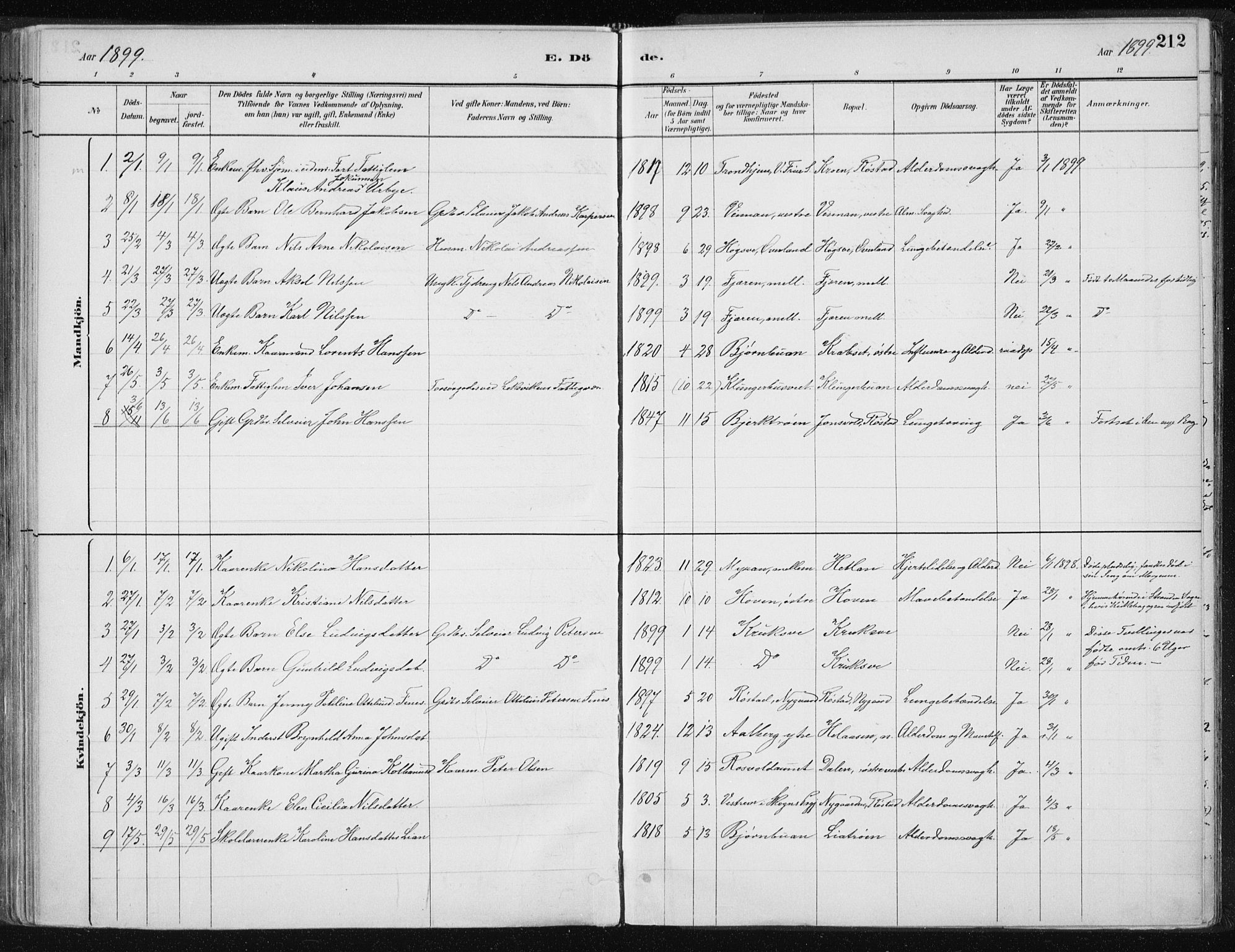Ministerialprotokoller, klokkerbøker og fødselsregistre - Nord-Trøndelag, SAT/A-1458/701/L0010: Parish register (official) no. 701A10, 1883-1899, p. 212