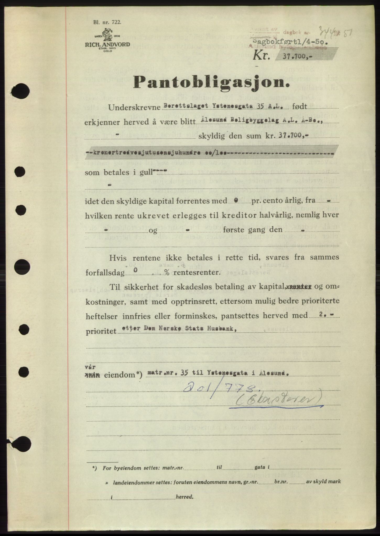 Ålesund byfogd, AV/SAT-A-4384: Mortgage book no. B36-38, 1948-1950, Diary no: : 344/1950