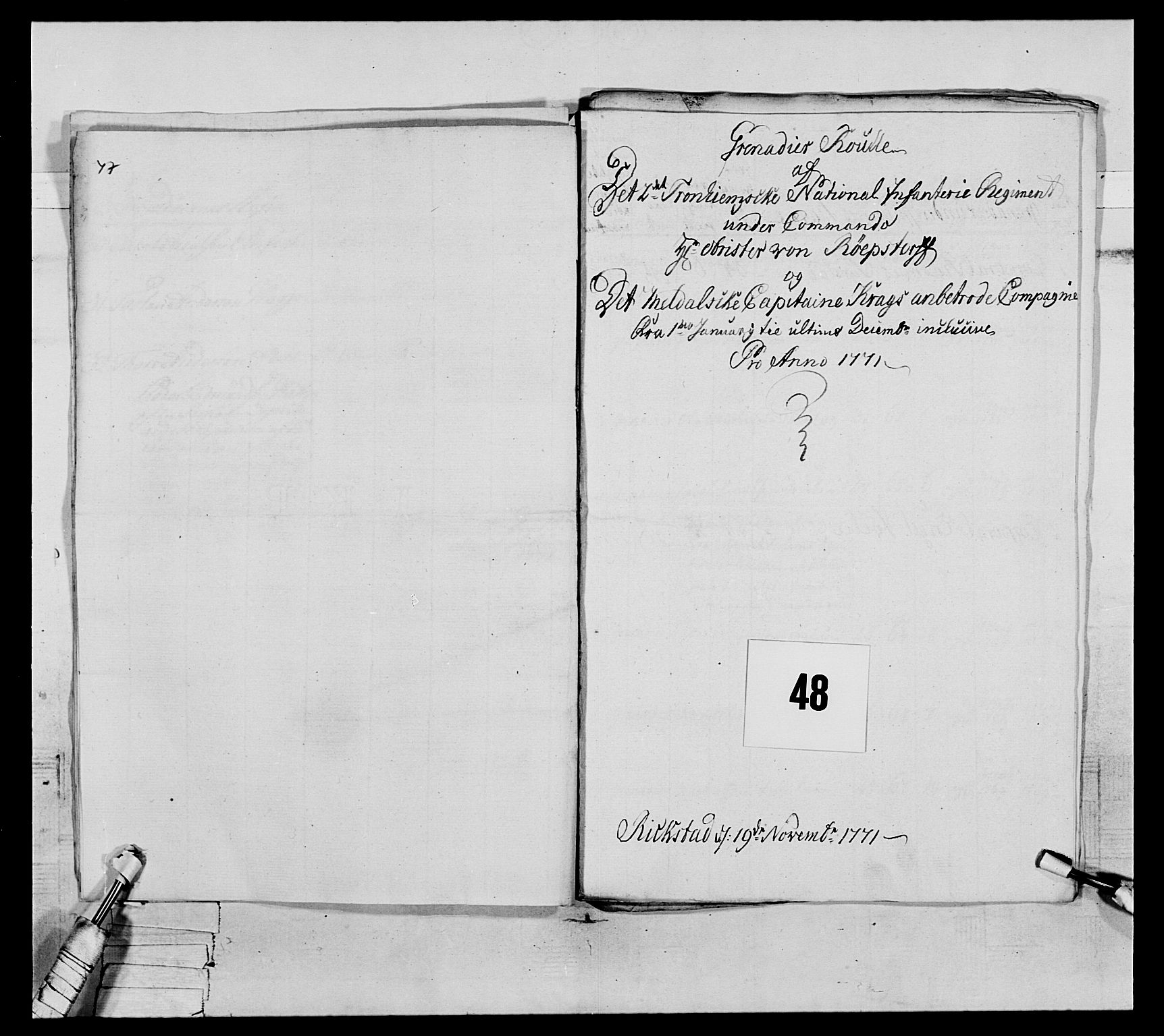 Generalitets- og kommissariatskollegiet, Det kongelige norske kommissariatskollegium, RA/EA-5420/E/Eh/L0076: 2. Trondheimske nasjonale infanteriregiment, 1766-1773, p. 157