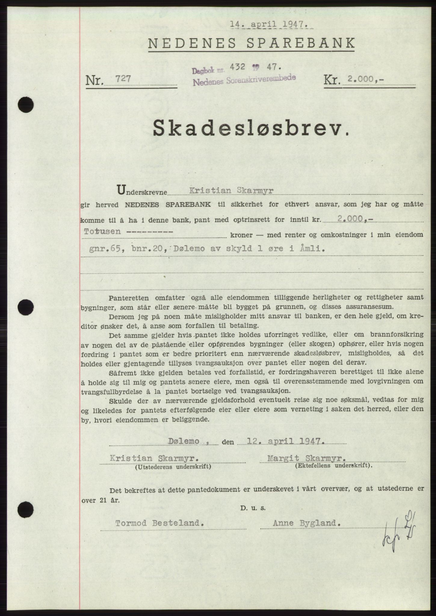 Nedenes sorenskriveri, AV/SAK-1221-0006/G/Gb/Gbb/L0004: Mortgage book no. B4, 1947-1947, Diary no: : 432/1947