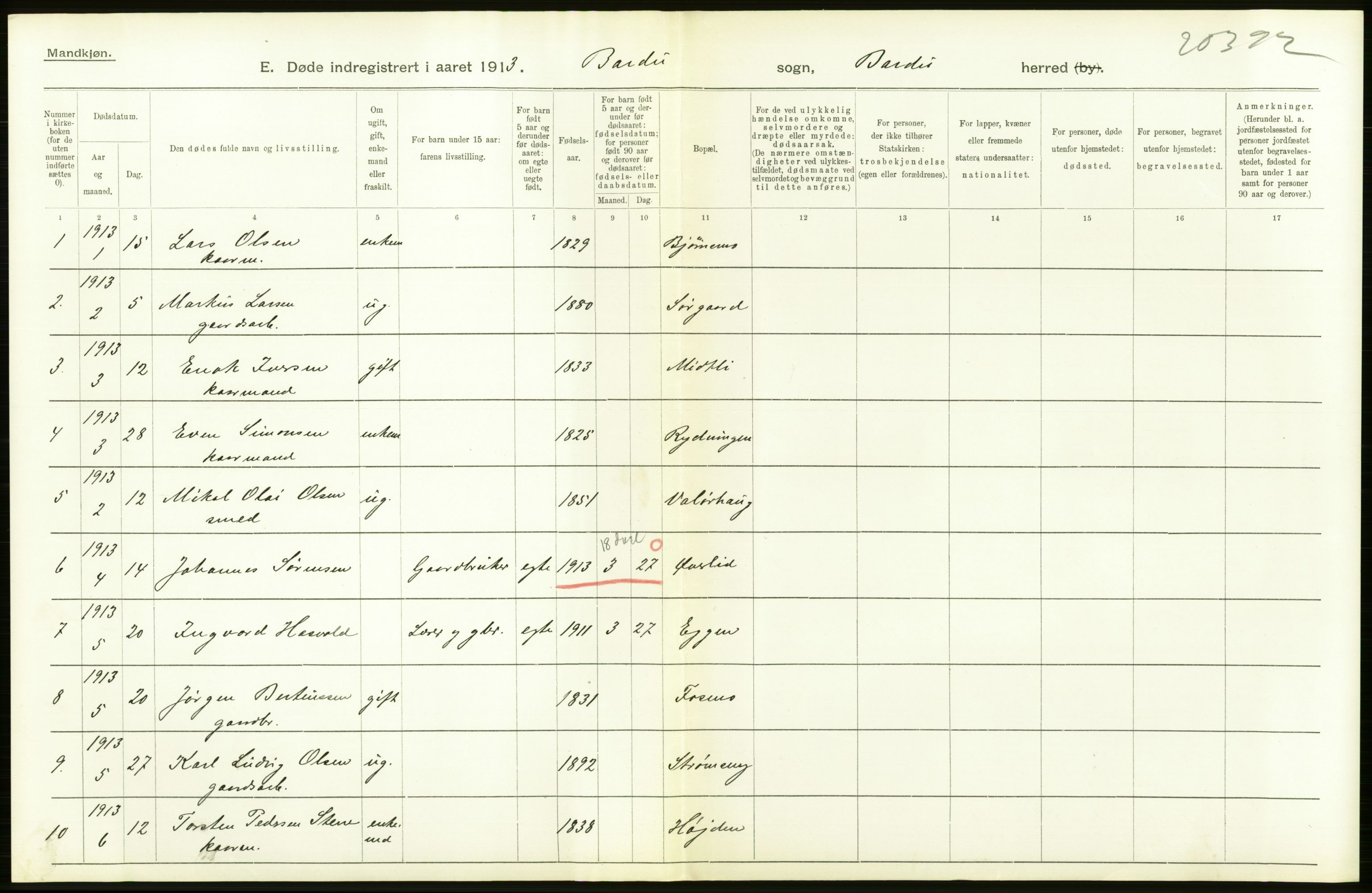 Statistisk sentralbyrå, Sosiodemografiske emner, Befolkning, AV/RA-S-2228/D/Df/Dfb/Dfbc/L0047: Tromsø amt: Gifte, døde, dødfødte. Bygder og byer., 1913, p. 220