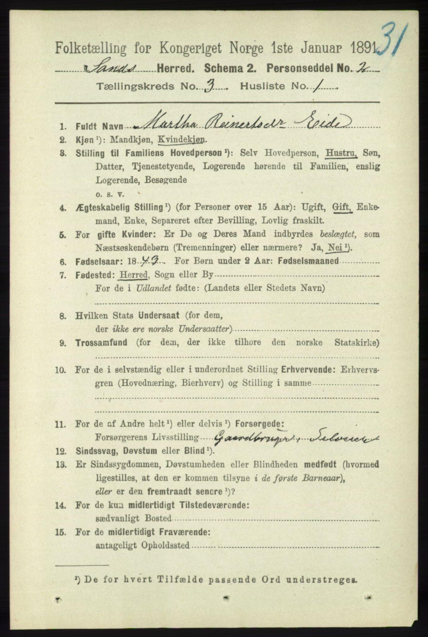 RA, 1891 census for 1136 Sand, 1891, p. 672