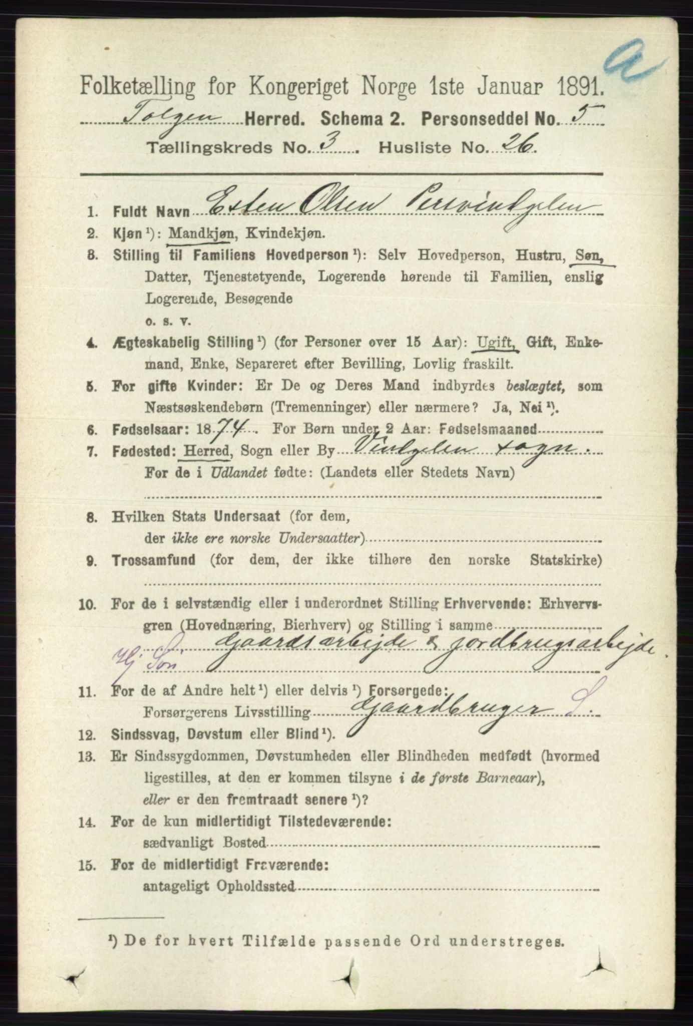 RA, 1891 census for 0436 Tolga, 1891, p. 750