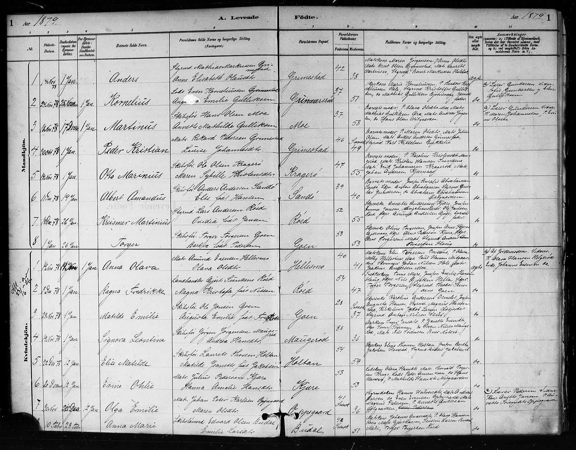 Tjøme kirkebøker, SAKO/A-328/F/Fa/L0001: Parish register (official) no. 1, 1879-1890, p. 1