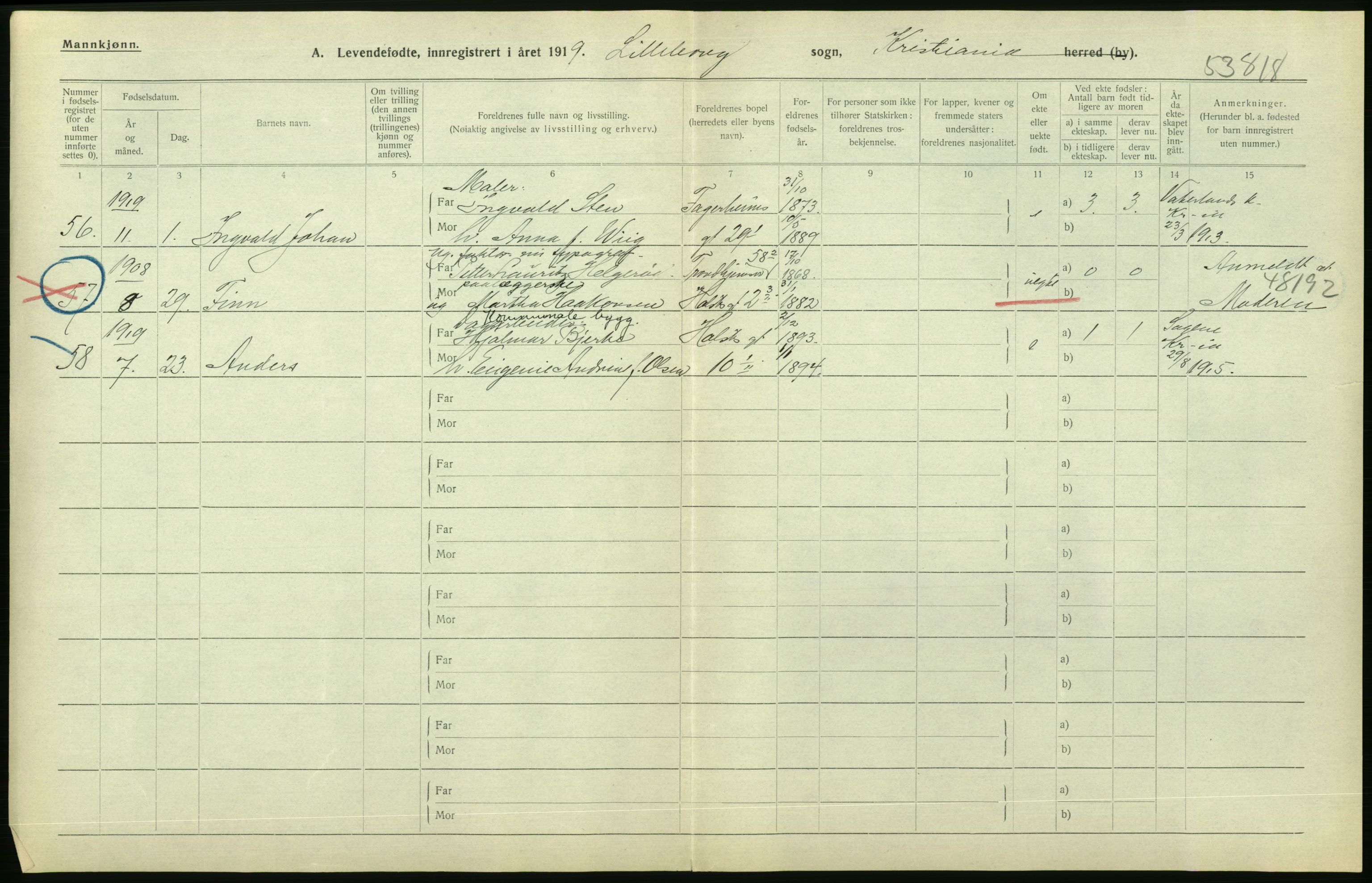 Statistisk sentralbyrå, Sosiodemografiske emner, Befolkning, AV/RA-S-2228/D/Df/Dfb/Dfbi/L0008: Kristiania: Levendefødte menn og kvinner., 1919