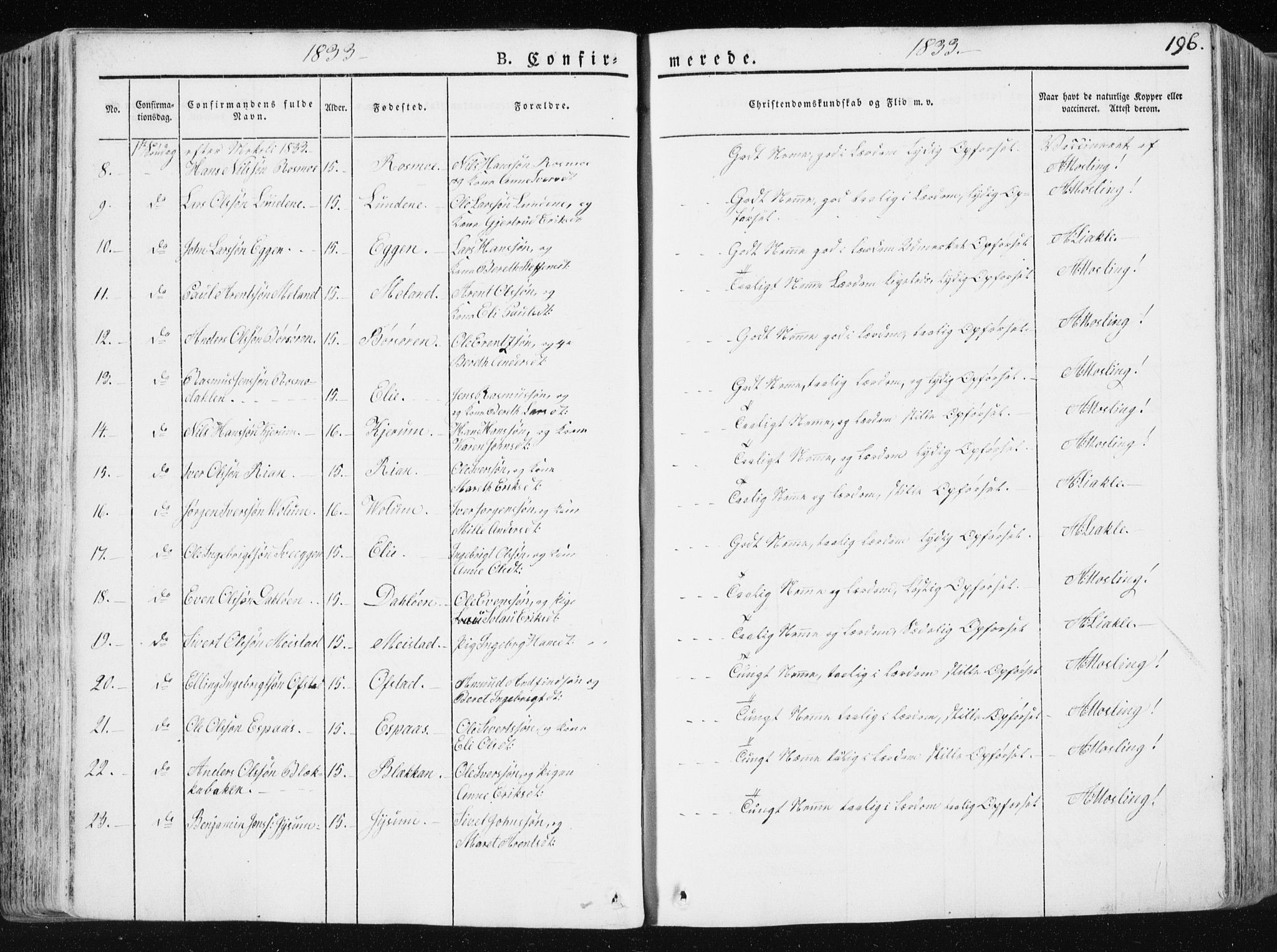 Ministerialprotokoller, klokkerbøker og fødselsregistre - Sør-Trøndelag, SAT/A-1456/665/L0771: Parish register (official) no. 665A06, 1830-1856, p. 196