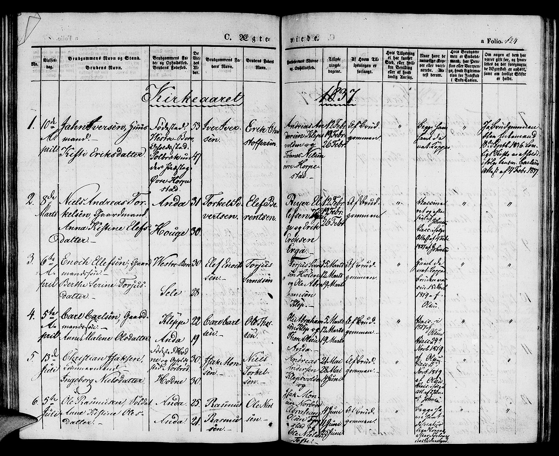 Klepp sokneprestkontor, SAST/A-101803/001/3/30BA/L0003: Parish register (official) no. A 3, 1833-1842, p. 124