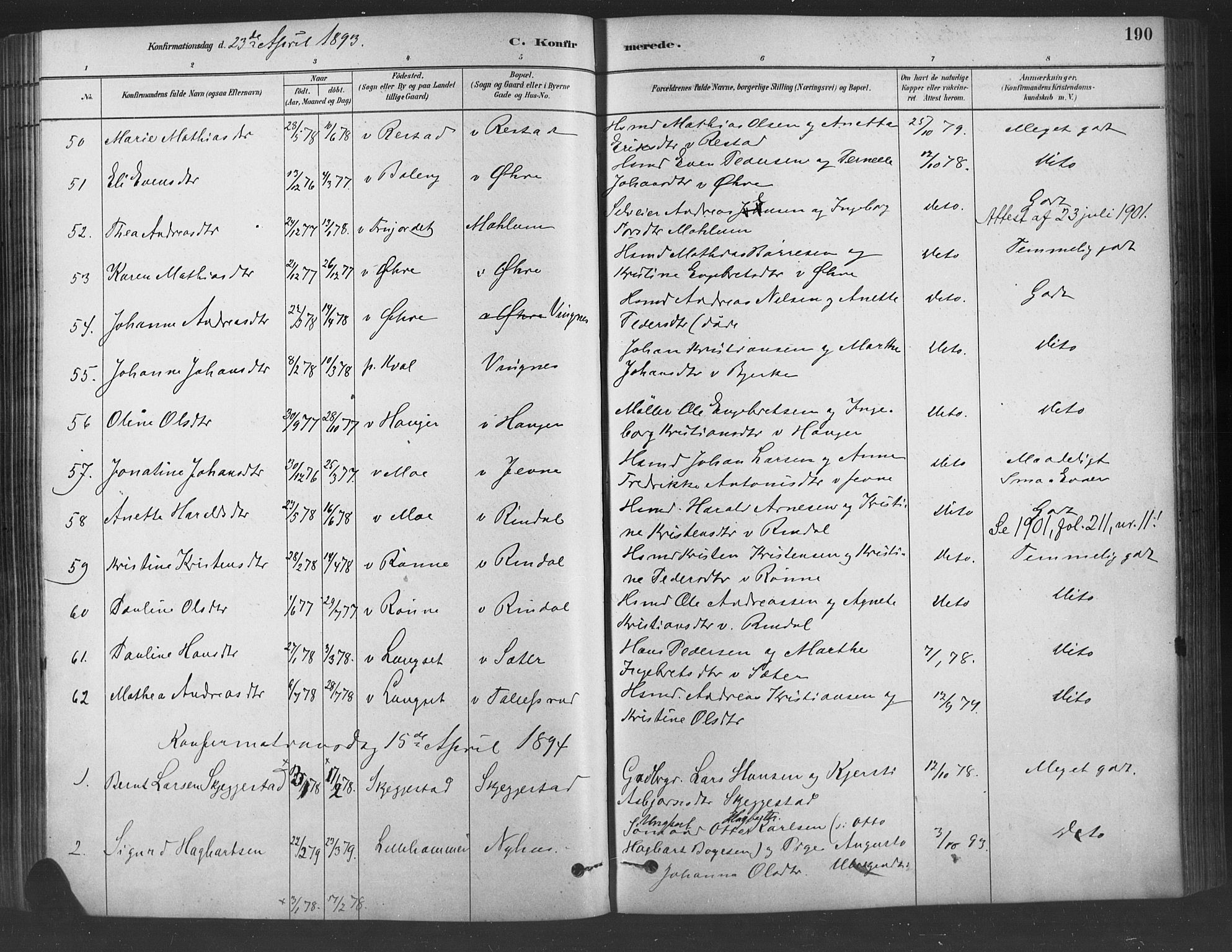 Fåberg prestekontor, SAH/PREST-086/H/Ha/Haa/L0009: Parish register (official) no. 9, 1879-1898, p. 190