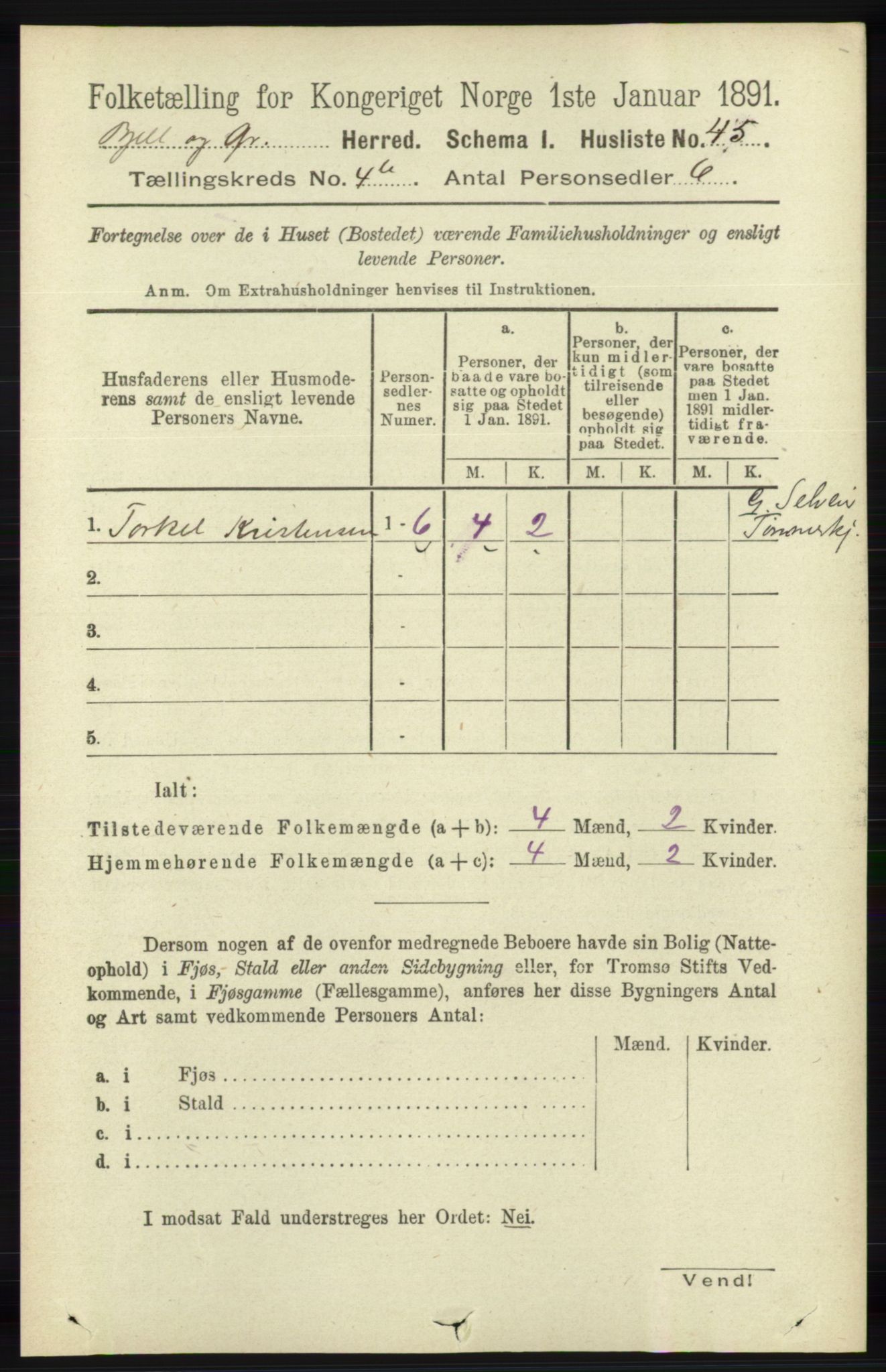 RA, 1891 census for 1024 Bjelland og Grindheim, 1891, p. 2072