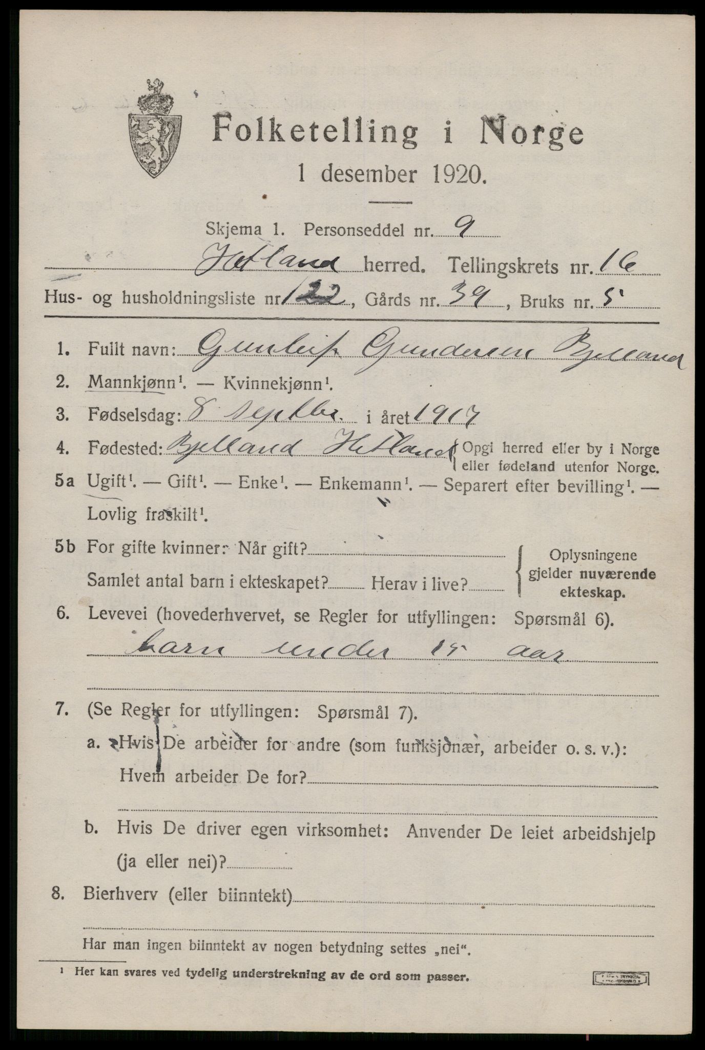 SAST, 1920 census for Hetland, 1920, p. 24505