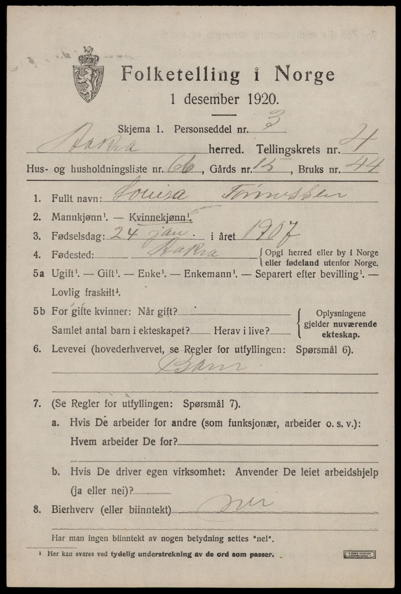 SAST, 1920 census for Åkra, 1920, p. 6628