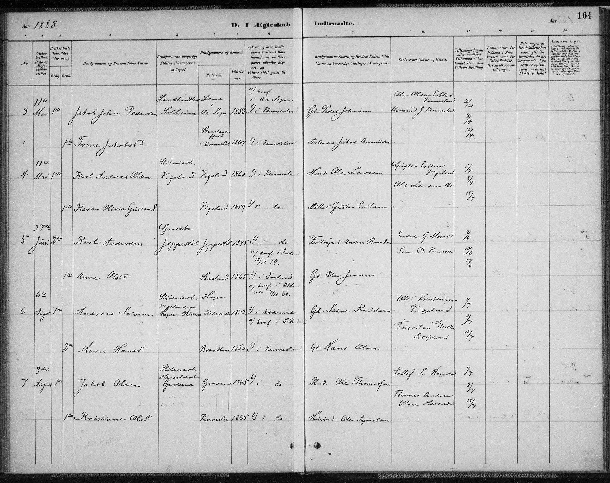 Vennesla sokneprestkontor, SAK/1111-0045/Fa/Fab/L0004: Parish register (official) no. A 4, 1884-1896, p. 164