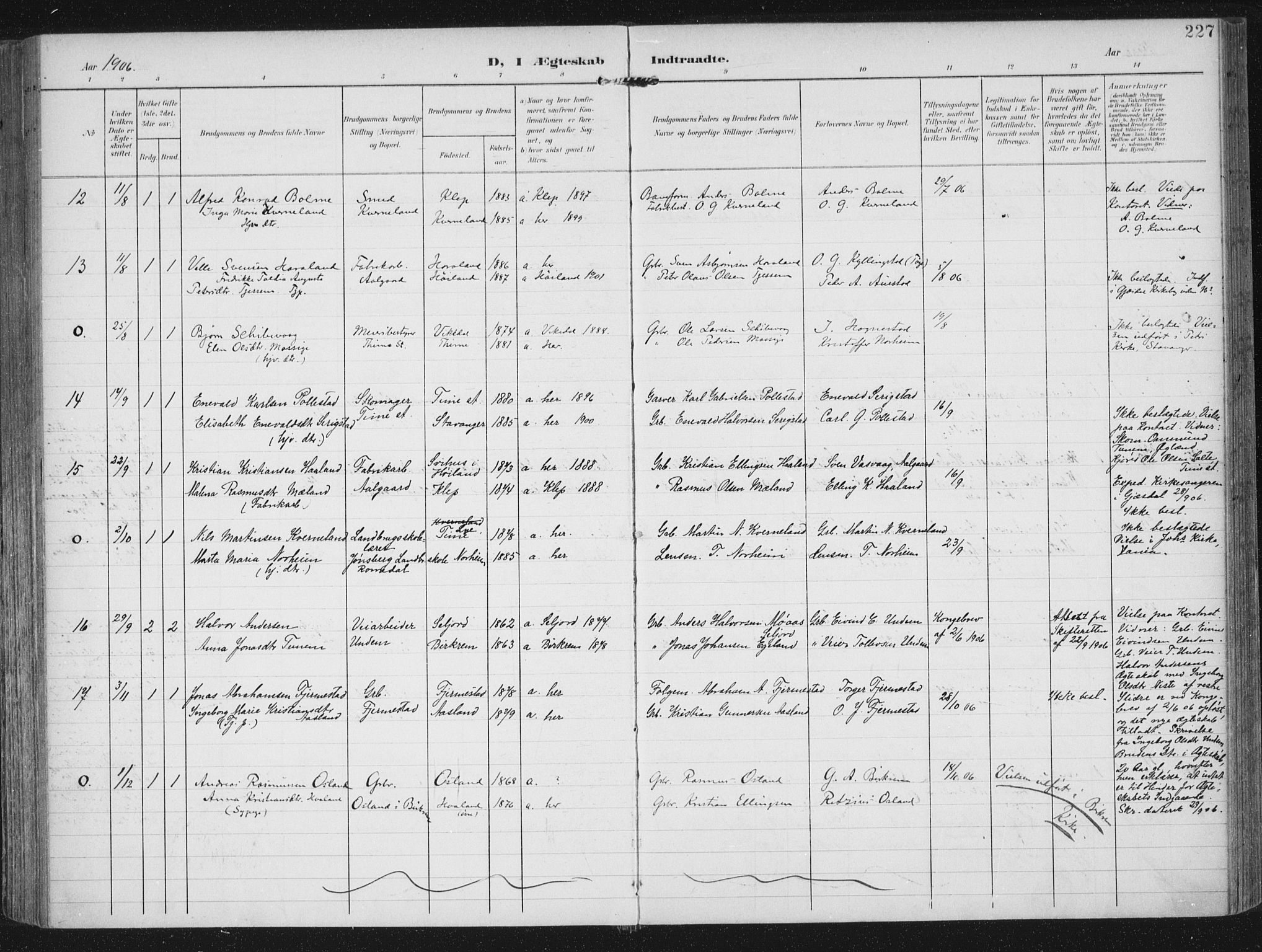 Lye sokneprestkontor, AV/SAST-A-101794/002/A/L0001: Parish register (official) no. A 12, 1904-1920, p. 227