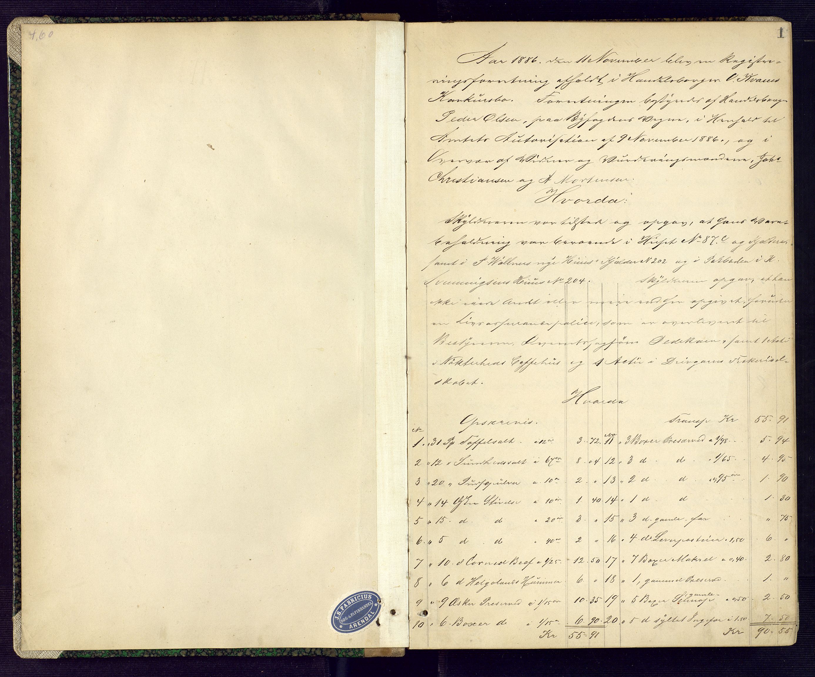 Arendal byfogd, SAK/1222-0001/H/Hc/L0026: Skifteregistreringsprotokoll nr. 24, 1886-1894, p. 1