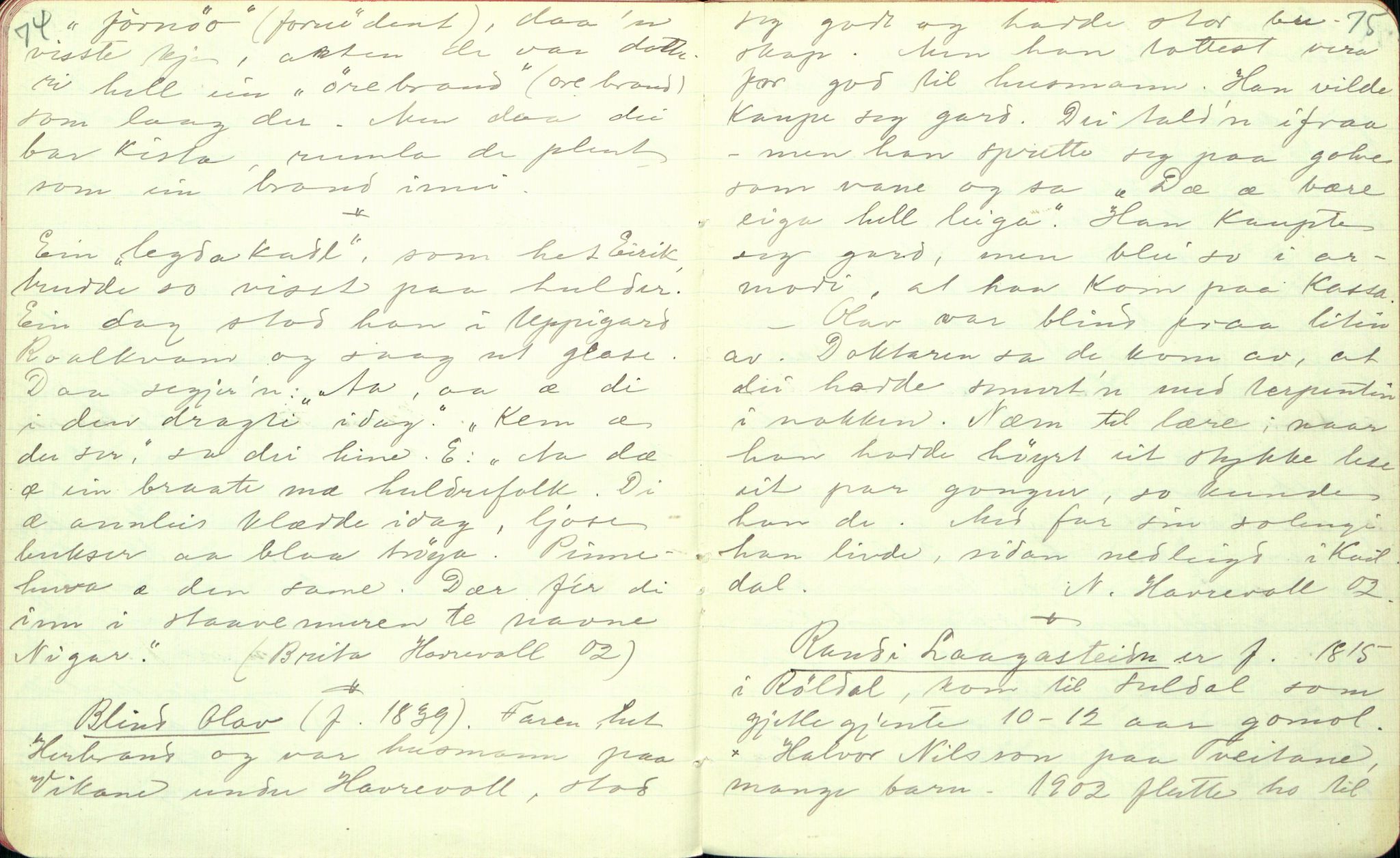 Rikard Berge, TEMU/TGM-A-1003/F/L0001/0027: 001-030 Innholdslister / 23. Raulands-ætti II, 1902-1903, p. 74-75