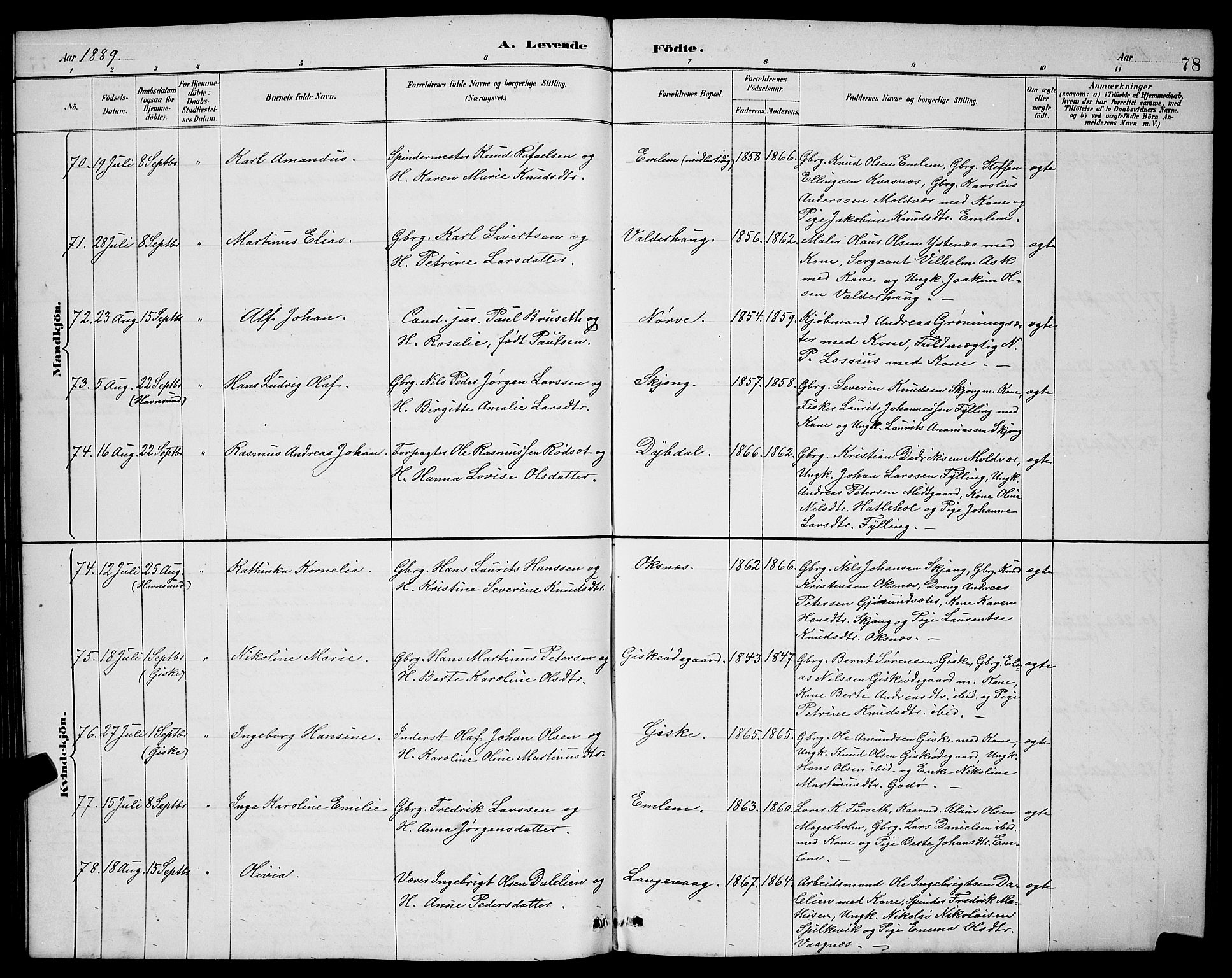 Ministerialprotokoller, klokkerbøker og fødselsregistre - Møre og Romsdal, AV/SAT-A-1454/528/L0431: Parish register (copy) no. 528C12, 1885-1898, p. 78