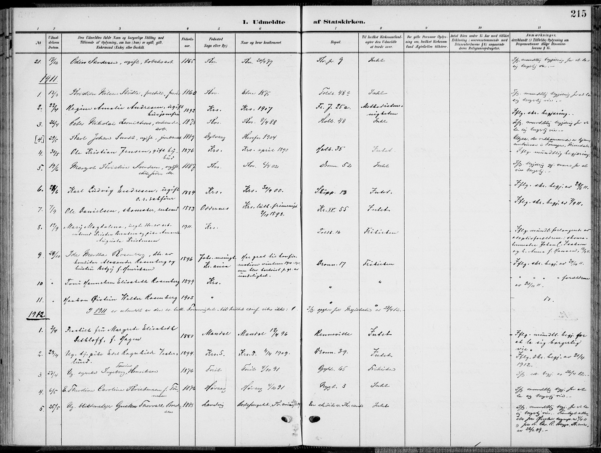 Kristiansand domprosti, SAK/1112-0006/F/Fa/L0022: Parish register (official) no. A 21, 1905-1916, p. 215