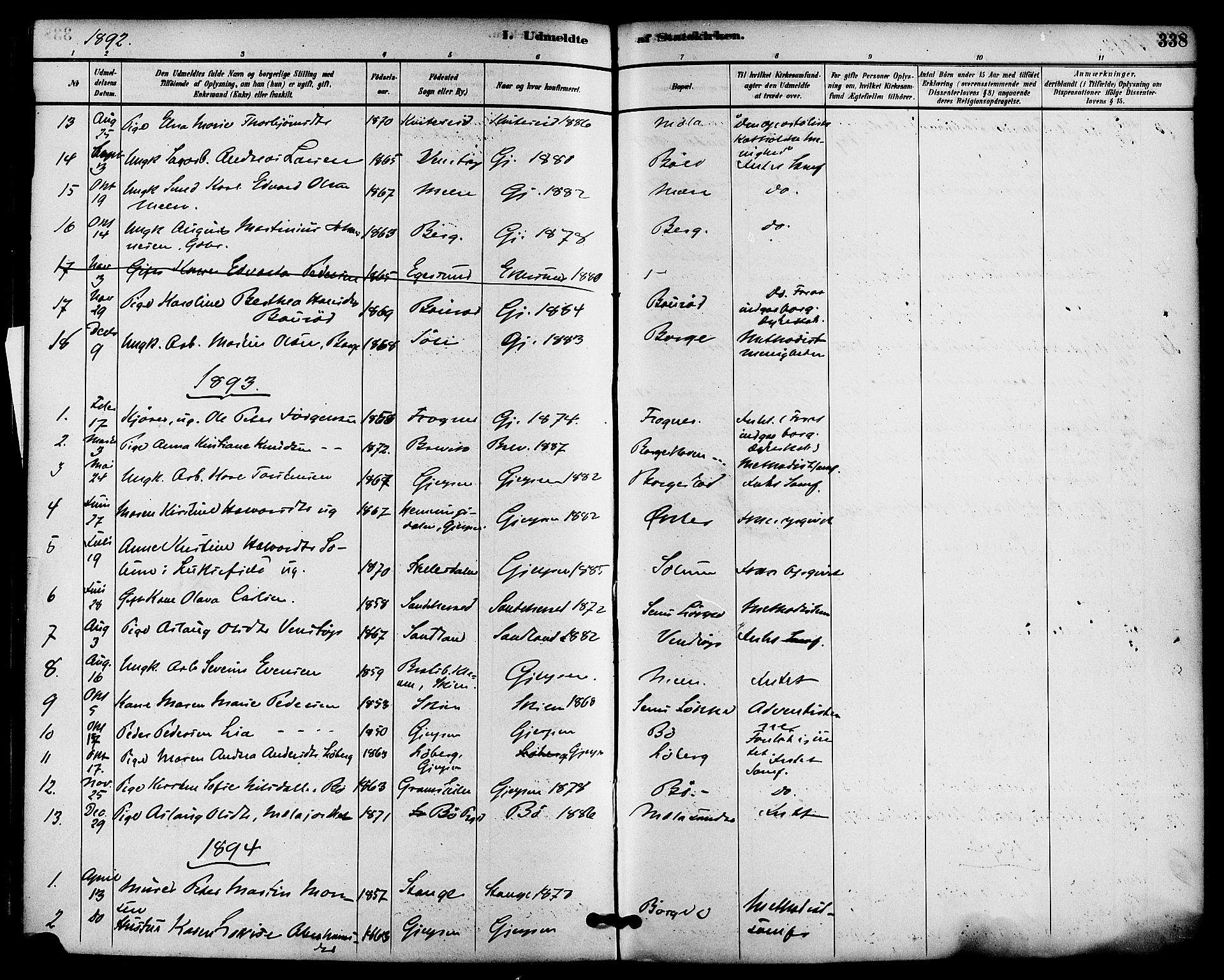 Gjerpen kirkebøker, SAKO/A-265/F/Fa/L0010: Parish register (official) no. I 10, 1886-1895, p. 338