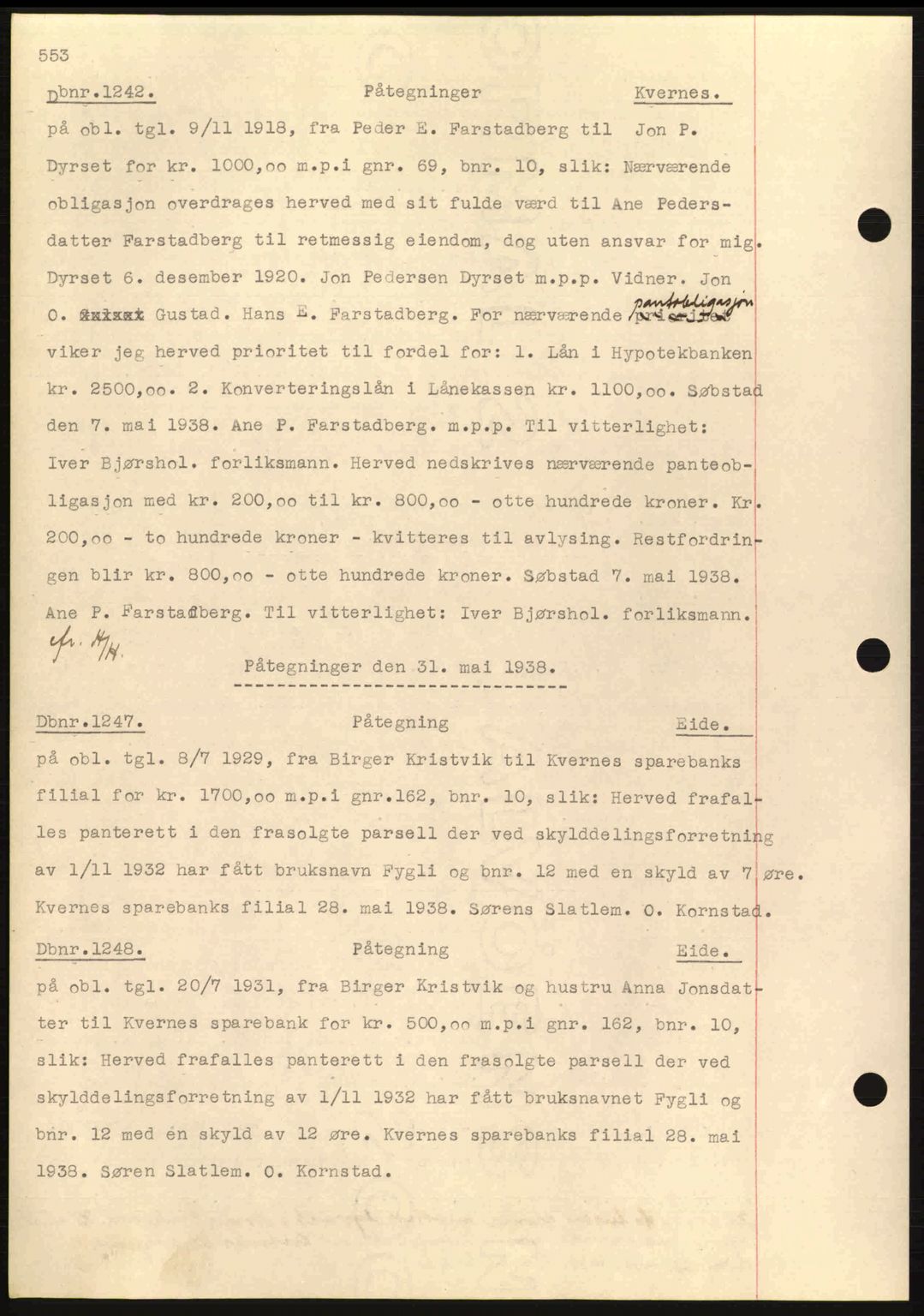 Nordmøre sorenskriveri, AV/SAT-A-4132/1/2/2Ca: Mortgage book no. C80, 1936-1939, Diary no: : 1242/1938