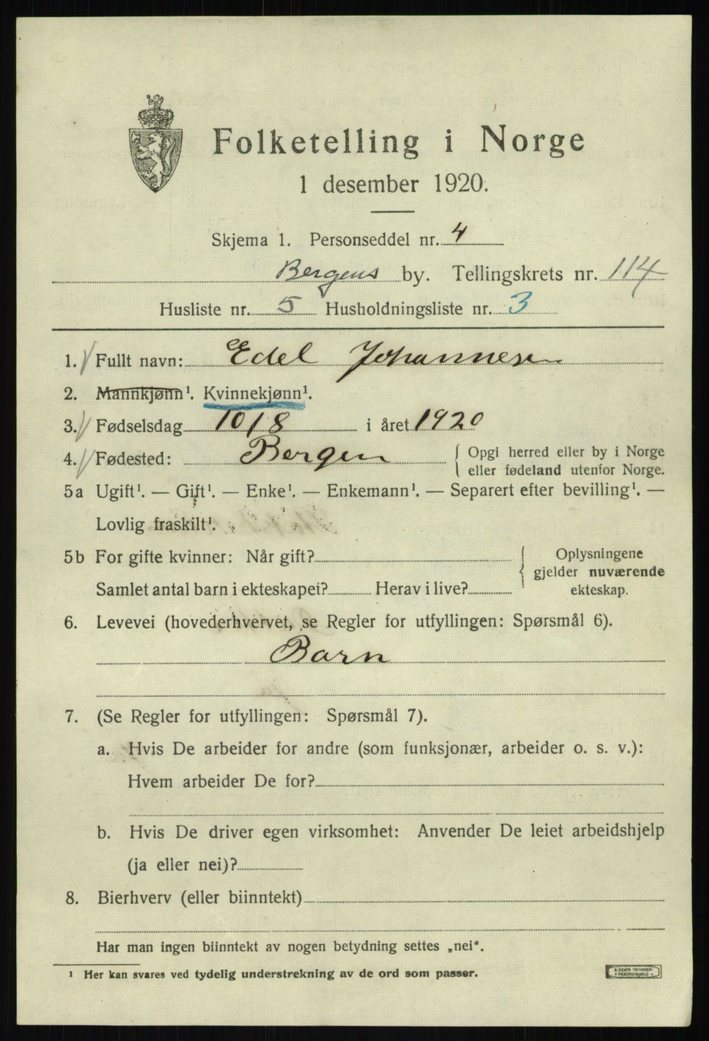 SAB, 1920 census for Bergen, 1920, p. 194253