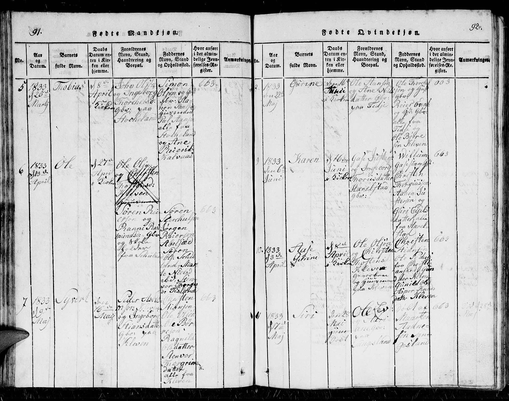 Holum sokneprestkontor, AV/SAK-1111-0022/F/Fb/Fbb/L0001: Parish register (copy) no. B 1, 1820-1847, p. 91-92