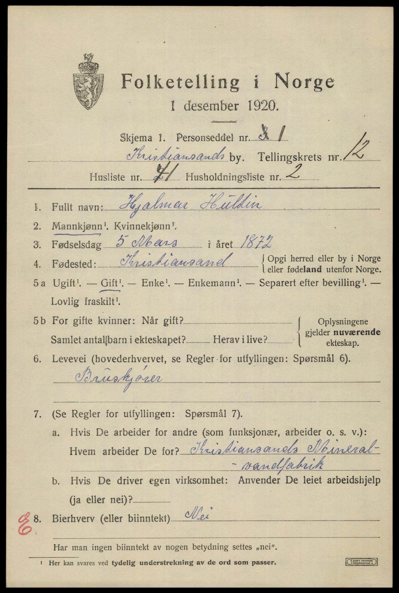 SAK, 1920 census for Kristiansand, 1920, p. 26743