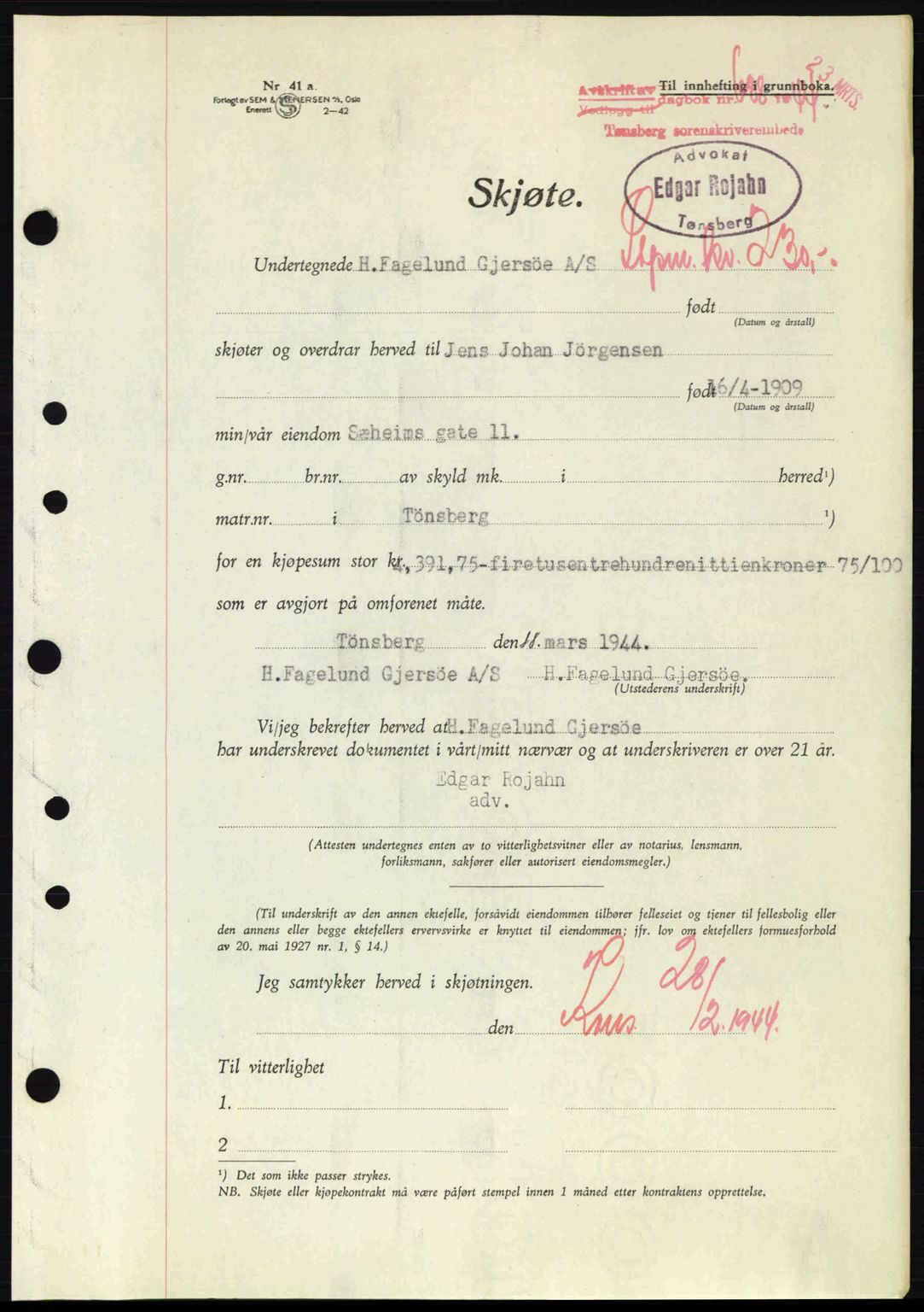 Tønsberg sorenskriveri, AV/SAKO-A-130/G/Ga/Gaa/L0015: Mortgage book no. A15, 1944-1944, Diary no: : 688/1944