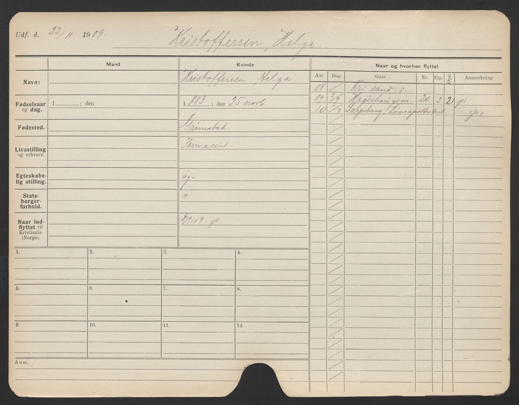 Oslo folkeregister, Registerkort, AV/SAO-A-11715/F/Fa/Fac/L0019: Kvinner, 1906-1914, p. 505a