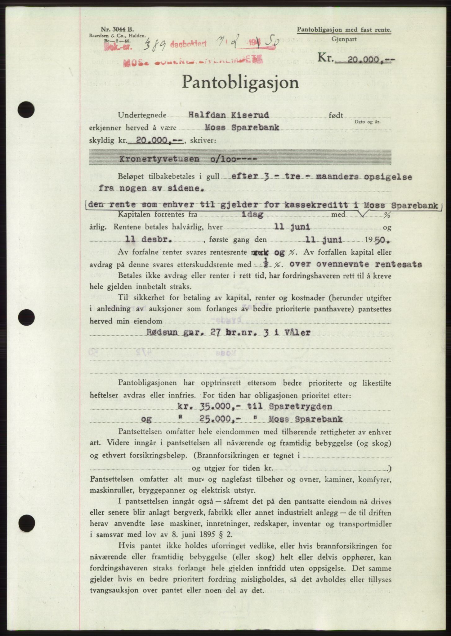Moss sorenskriveri, SAO/A-10168: Mortgage book no. B23, 1949-1950, Diary no: : 389/1950
