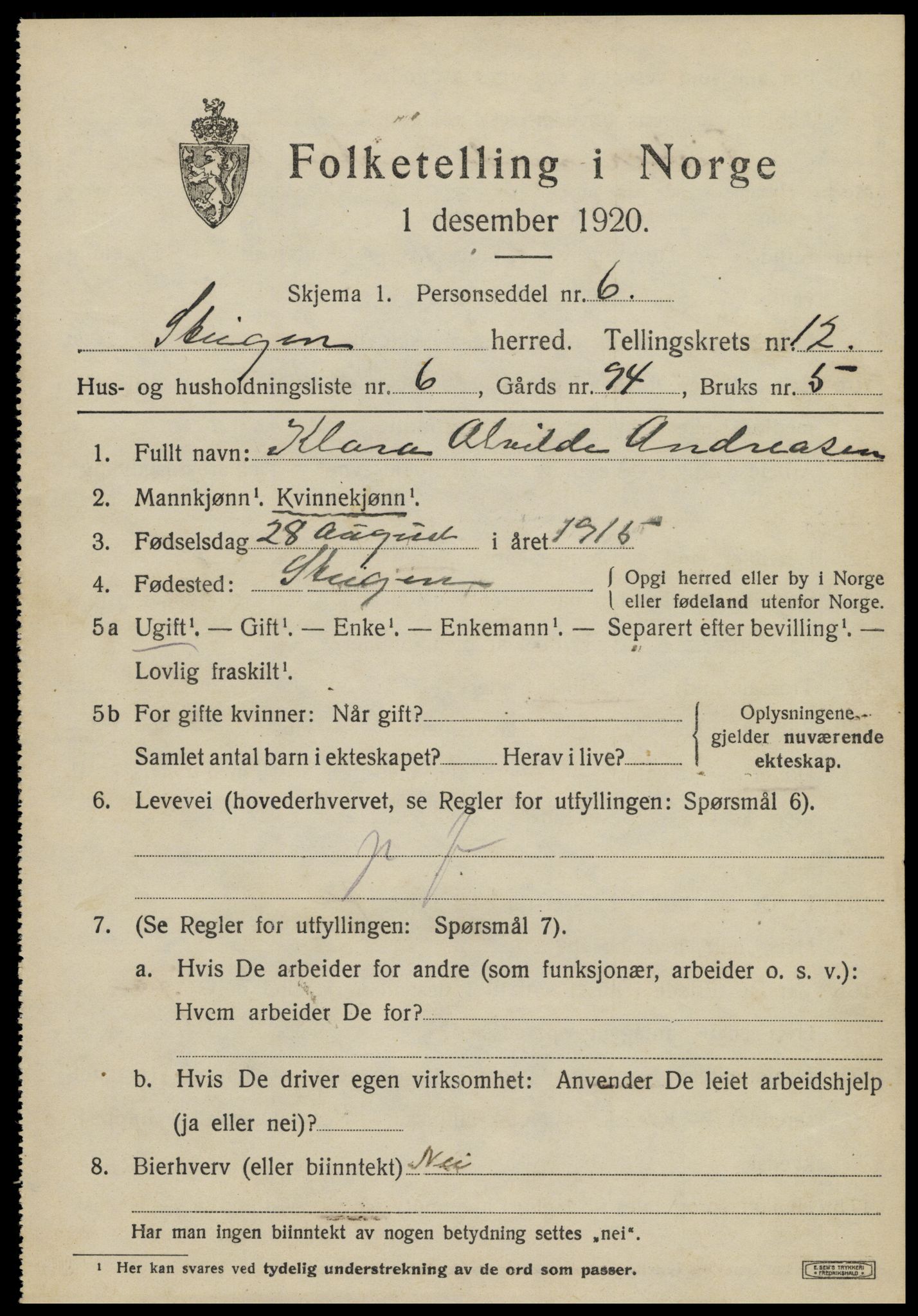 SAT, 1920 census for Steigen, 1920, p. 4836