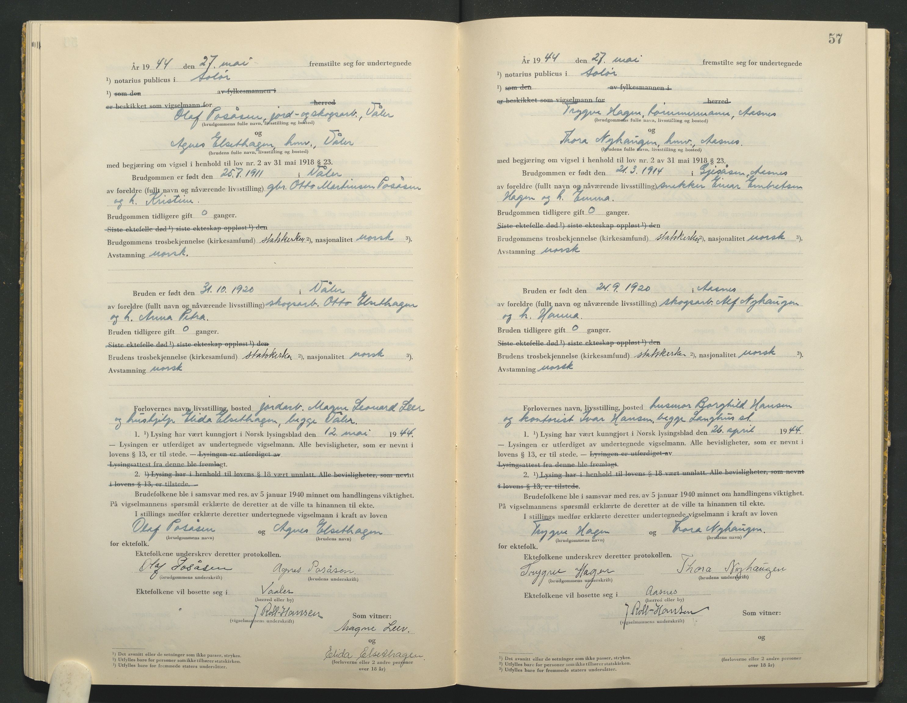 Solør tingrett, AV/SAH-TING-008/L/Lb/L0002: Vigselprotokoll, 1943-1944, p. 57