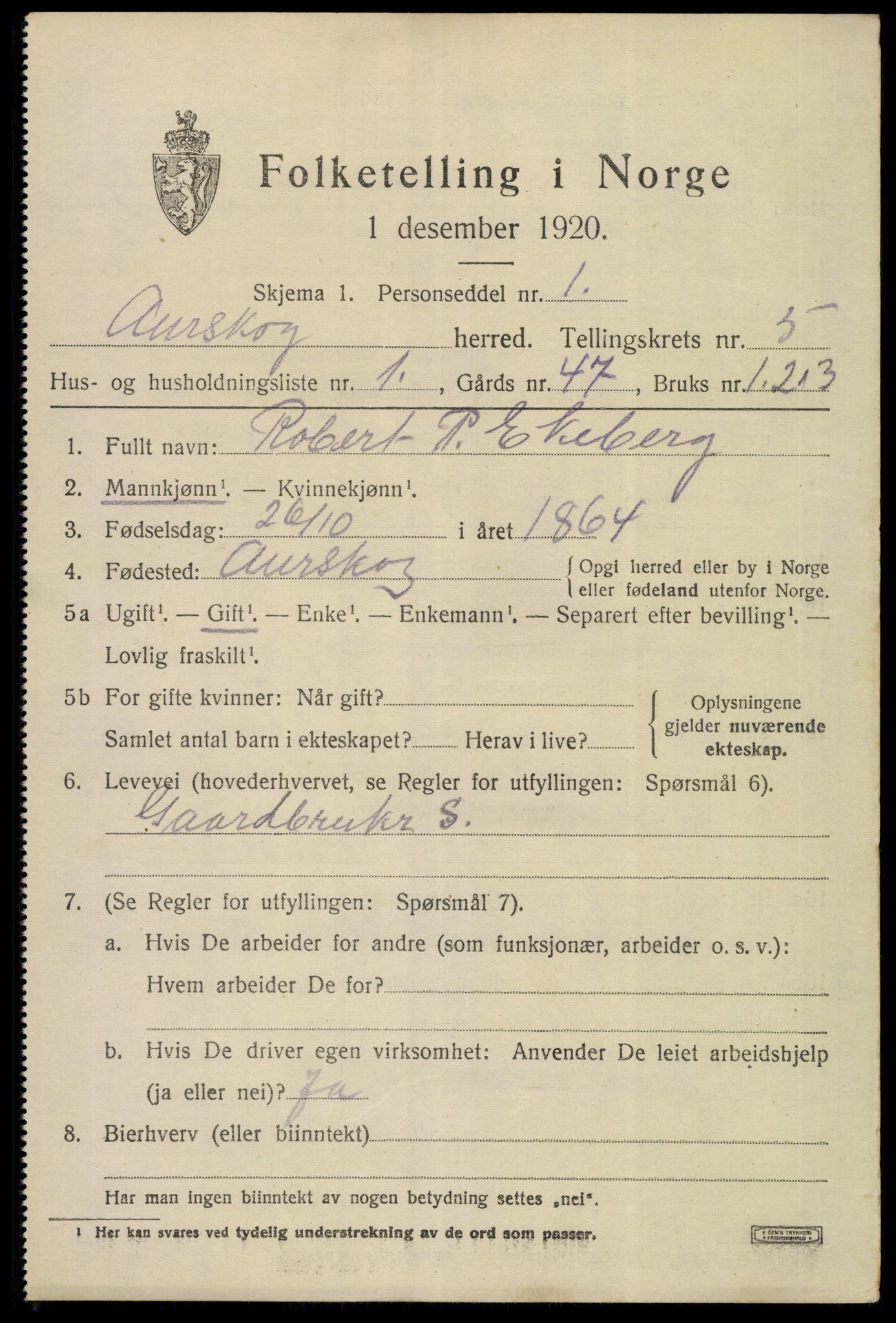 SAO, 1920 census for Aurskog, 1920, p. 6522