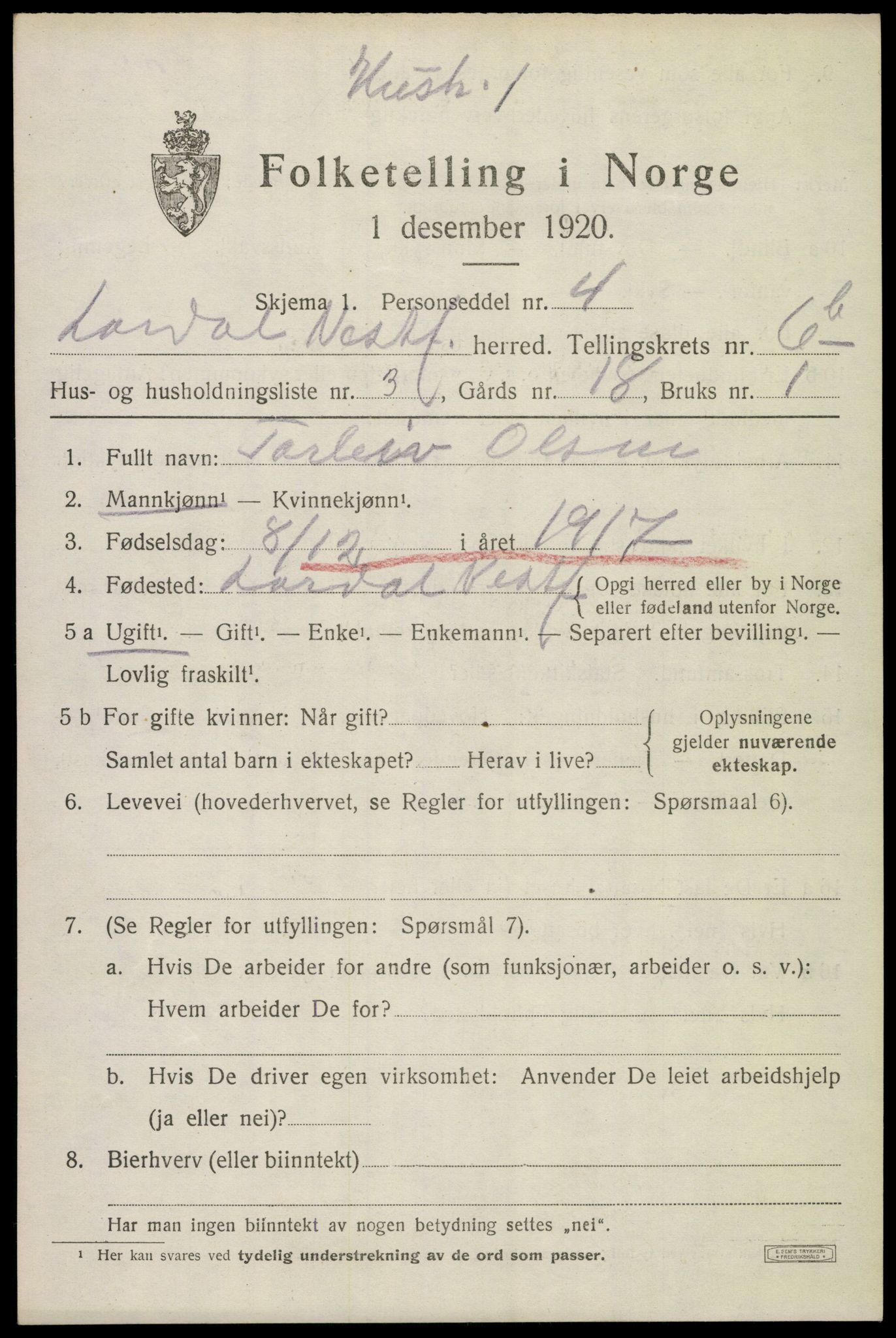 SAKO, 1920 census for Lardal, 1920, p. 5845