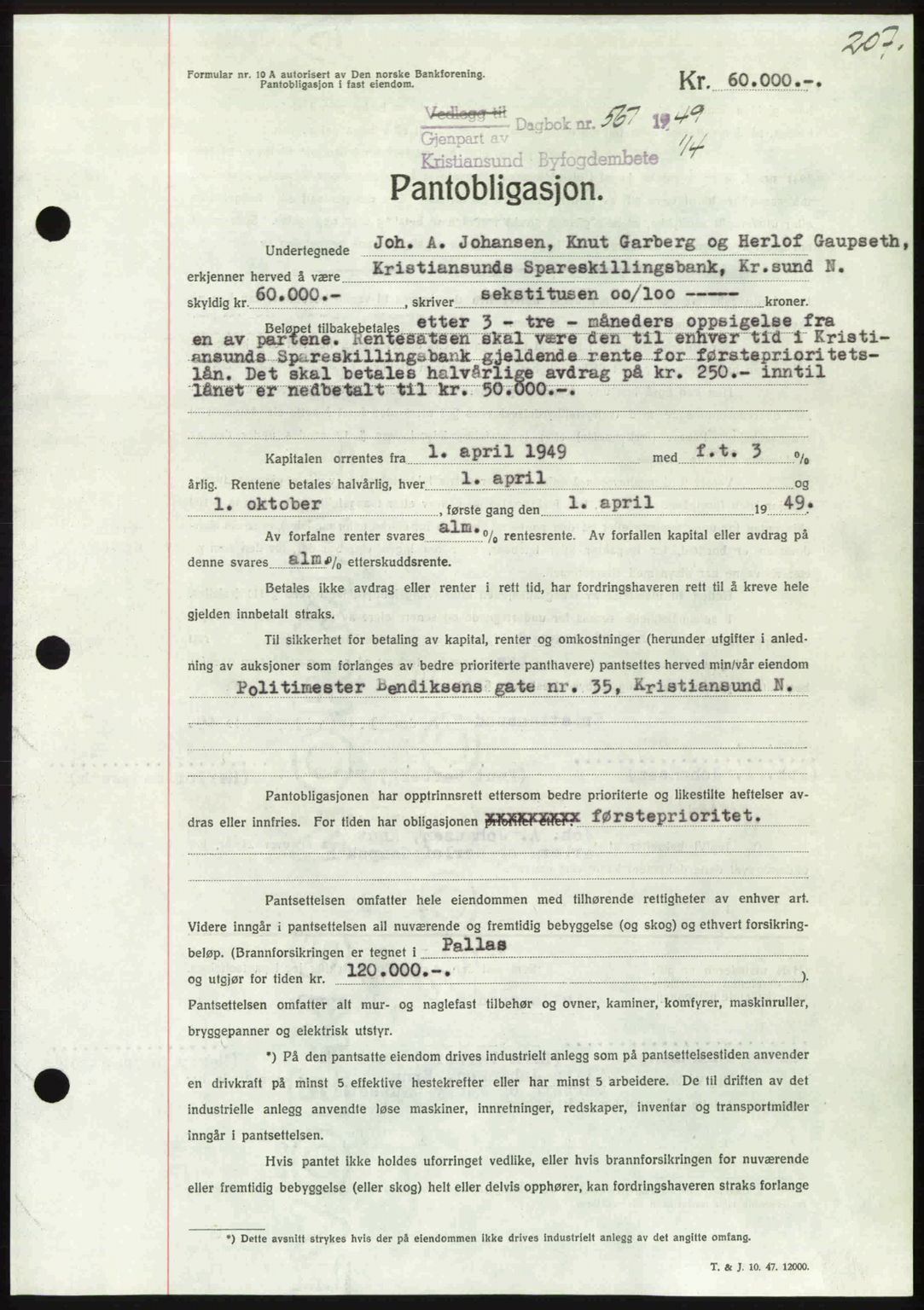 Kristiansund byfogd, AV/SAT-A-4587/A/27: Mortgage book no. 45, 1948-1949, Diary no: : 567/1949