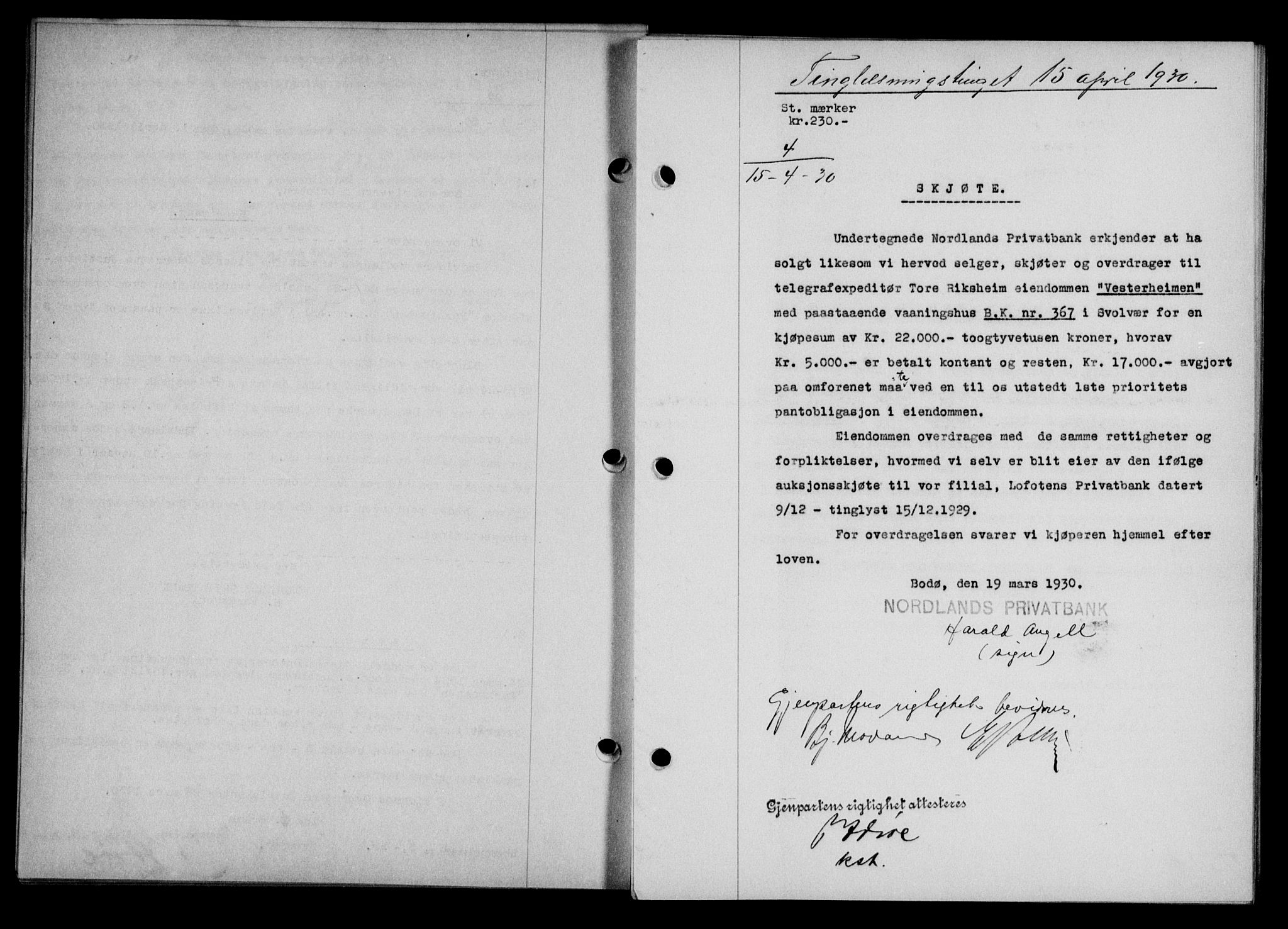 Lofoten sorenskriveri, SAT/A-0017/1/2/2C/L0021b: Mortgage book no. 21b, 1930-1930, Deed date: 15.04.1930