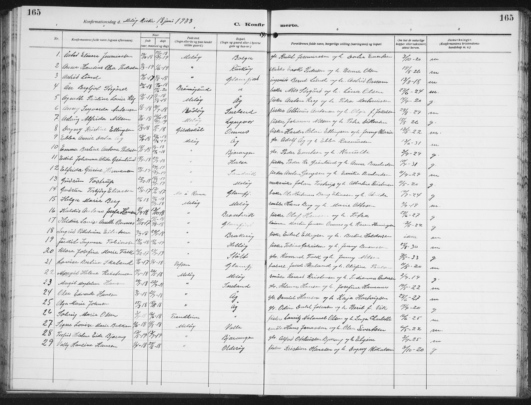 Ministerialprotokoller, klokkerbøker og fødselsregistre - Nordland, SAT/A-1459/843/L0640: Parish register (copy) no. 843C09, 1925-1941, p. 165