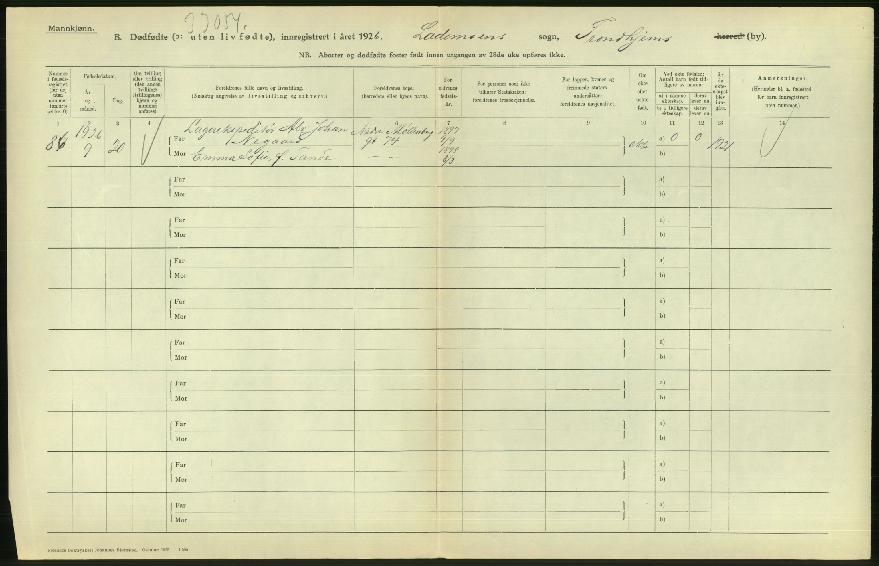 Statistisk sentralbyrå, Sosiodemografiske emner, Befolkning, AV/RA-S-2228/D/Df/Dfc/Dfcf/L0036: Trondheim: Levendefødte menn og kvinner, gifte, døde, dødfødte., 1926, p. 826