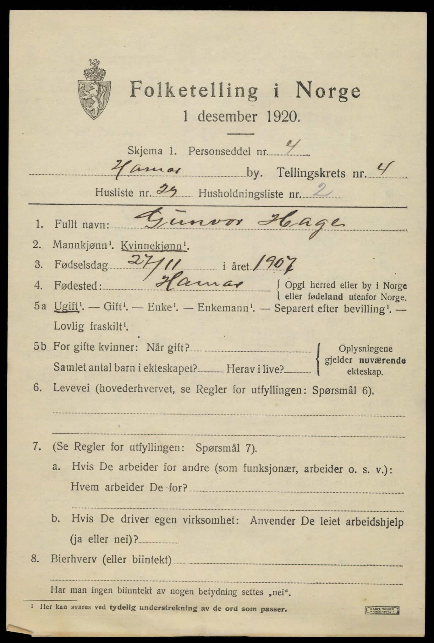 SAH, 1920 census for Hamar, 1920, p. 9249