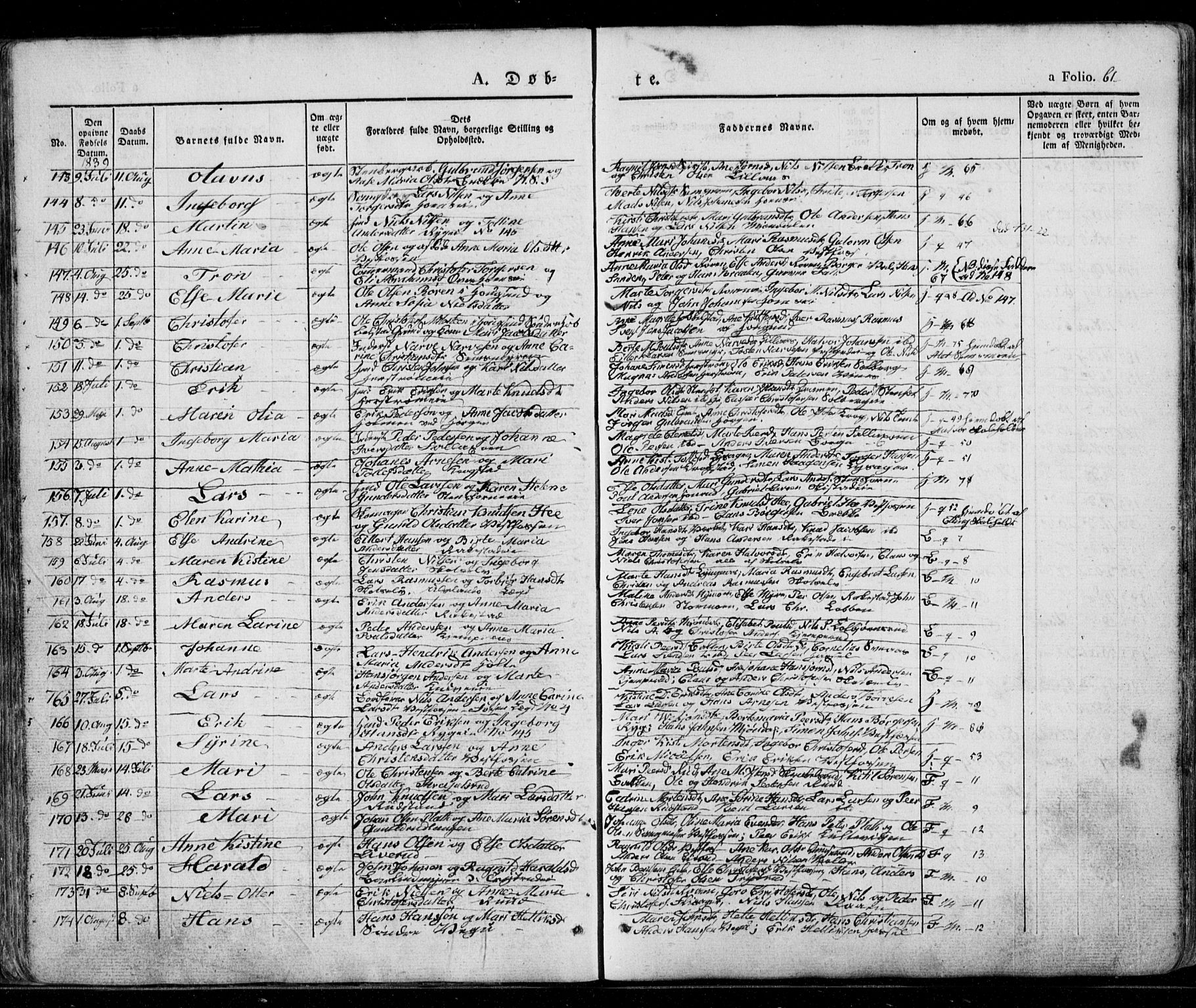 Eiker kirkebøker, SAKO/A-4/G/Ga/L0002: Parish register (copy) no. I 2, 1832-1856, p. 61