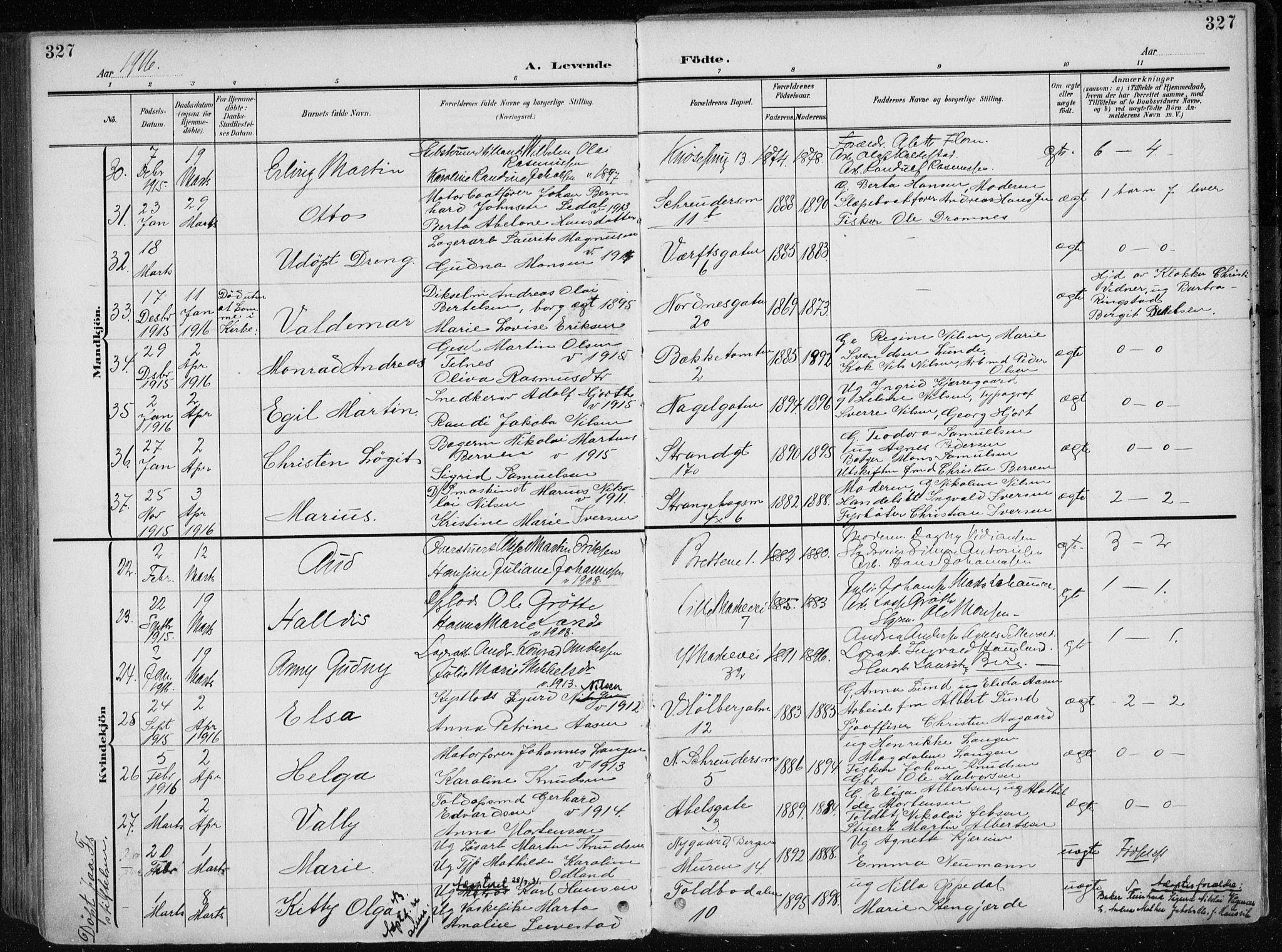 Nykirken Sokneprestembete, AV/SAB-A-77101/H/Haa/L0019: Parish register (official) no. B 7, 1904-1916, p. 327