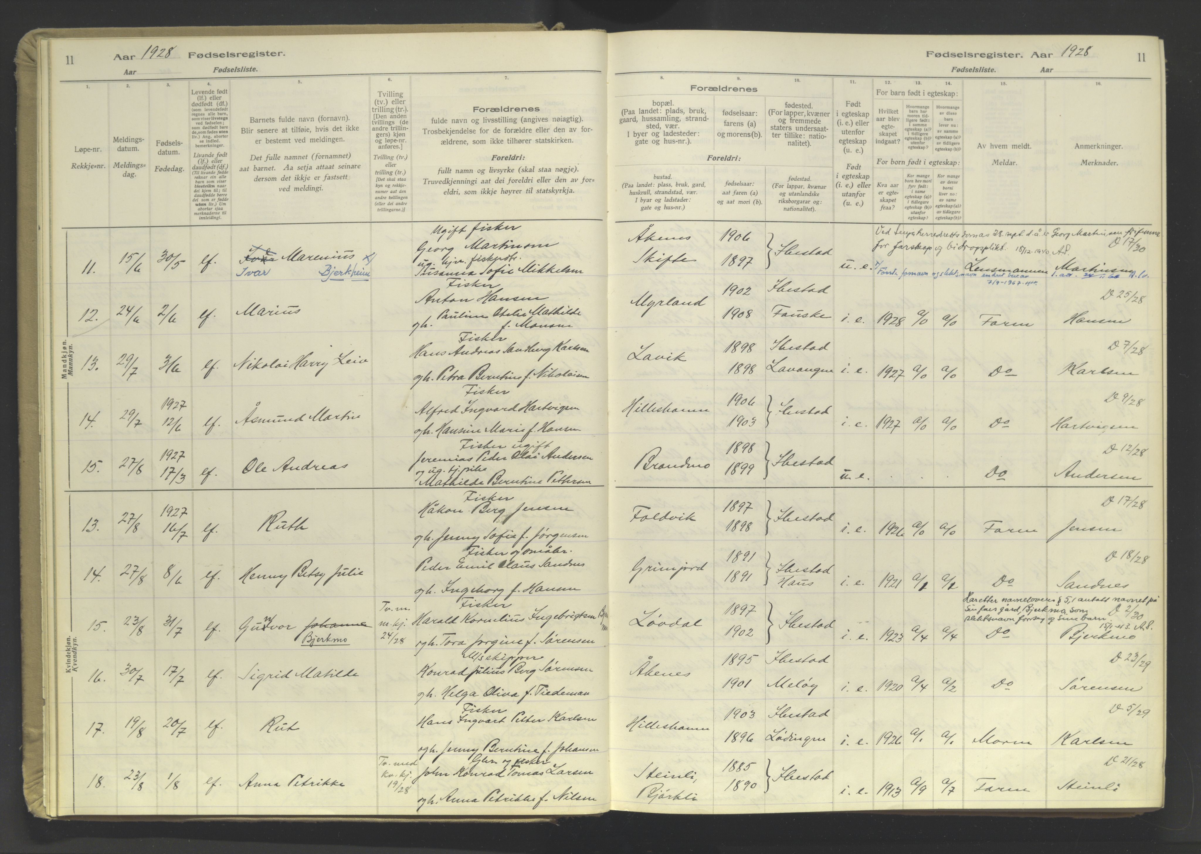 Ibestad sokneprestembete, AV/SATØ-S-0077/I/Ic/L0064: Birth register no. 64, 1926-1961, p. 11