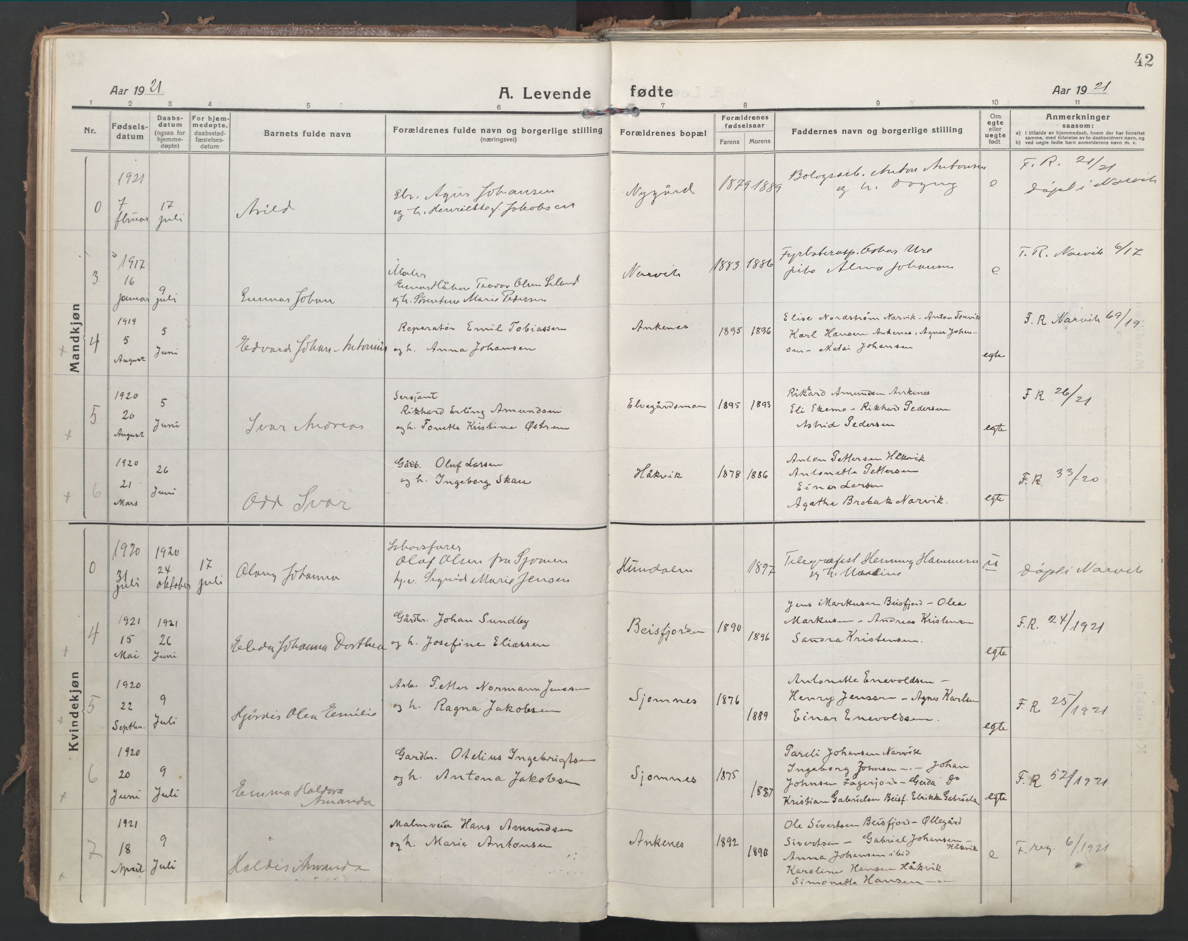 Ministerialprotokoller, klokkerbøker og fødselsregistre - Nordland, AV/SAT-A-1459/866/L0945: Parish register (official) no. 866A08, 1917-1935, p. 42