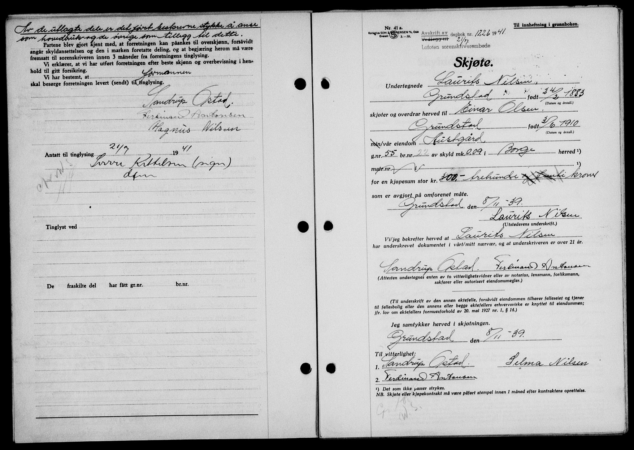 Lofoten sorenskriveri, SAT/A-0017/1/2/2C/L0008a: Mortgage book no. 8a, 1940-1941, Diary no: : 1226/1941