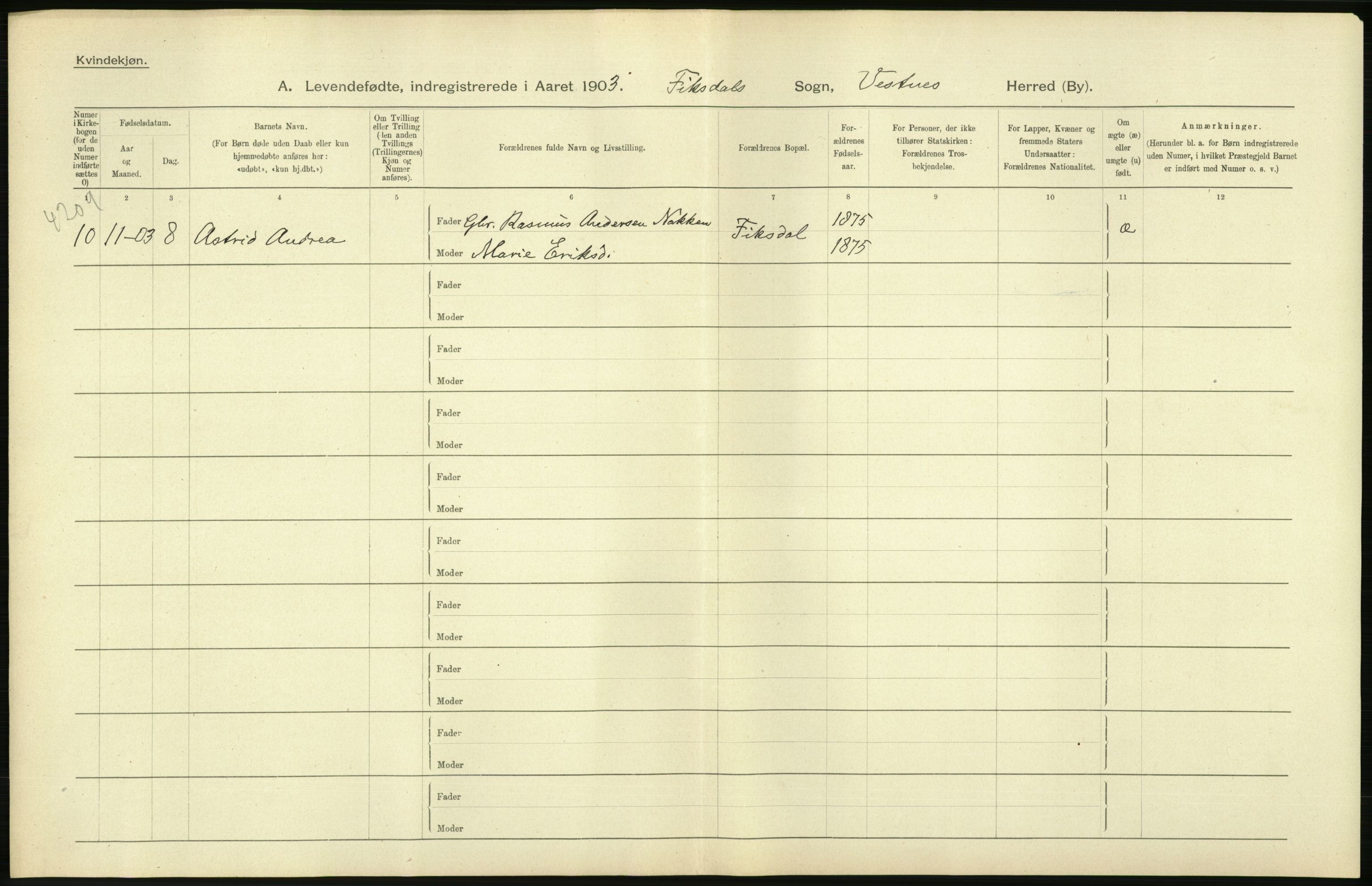 Statistisk sentralbyrå, Sosiodemografiske emner, Befolkning, AV/RA-S-2228/D/Df/Dfa/Dfaa/L0016: Romsdal amt: Fødte, gifte, døde., 1903, p. 30