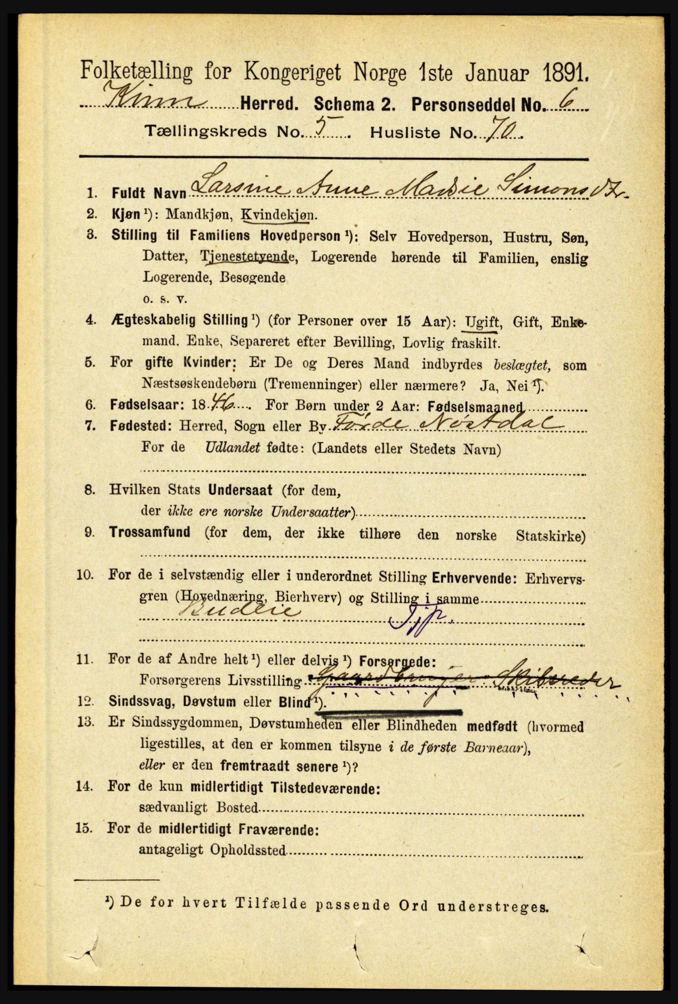 RA, 1891 census for 1437 Kinn, 1891, p. 2195