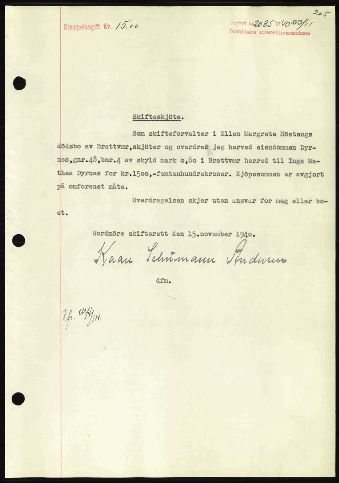 Nordmøre sorenskriveri, SAT/A-4132/1/2/2Ca: Mortgage book no. A89, 1940-1941, Diary no: : 2035/1940