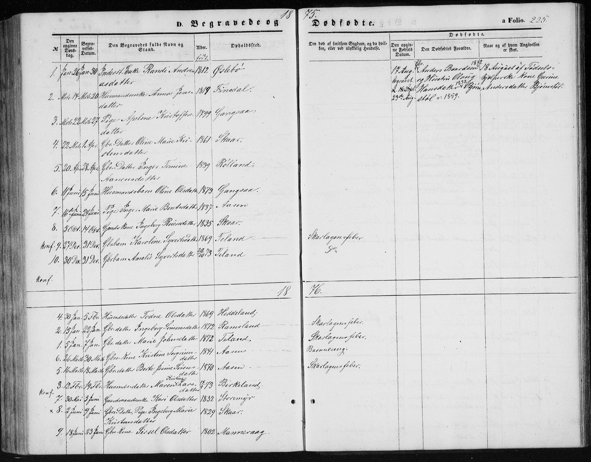 Holum sokneprestkontor, SAK/1111-0022/F/Fb/Fbc/L0002: Parish register (copy) no. B 2, 1860-1882, p. 225