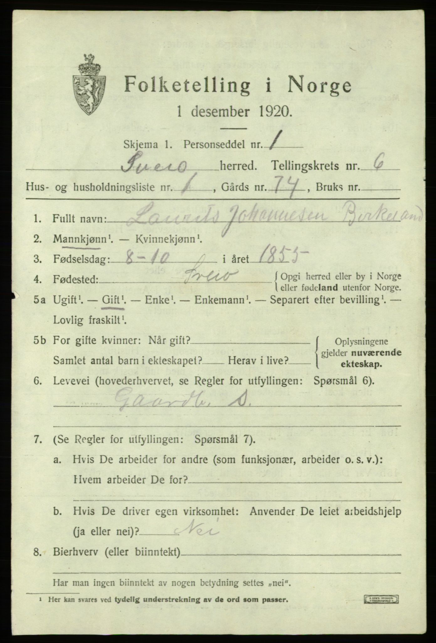 SAB, 1920 census for Sveio, 1920, p. 2876