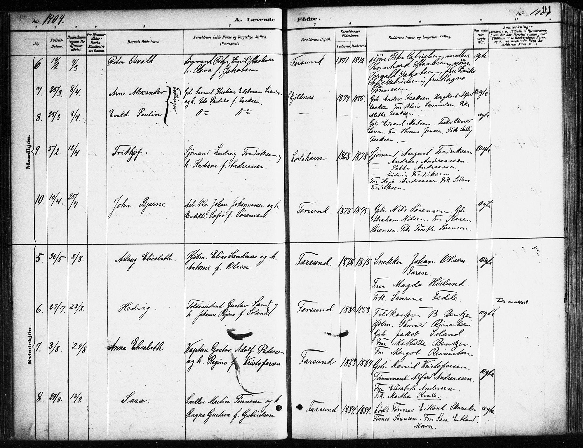 Farsund sokneprestkontor, AV/SAK-1111-0009/F/Fa/L0006: Parish register (official) no. A 6, 1887-1920, p. 91